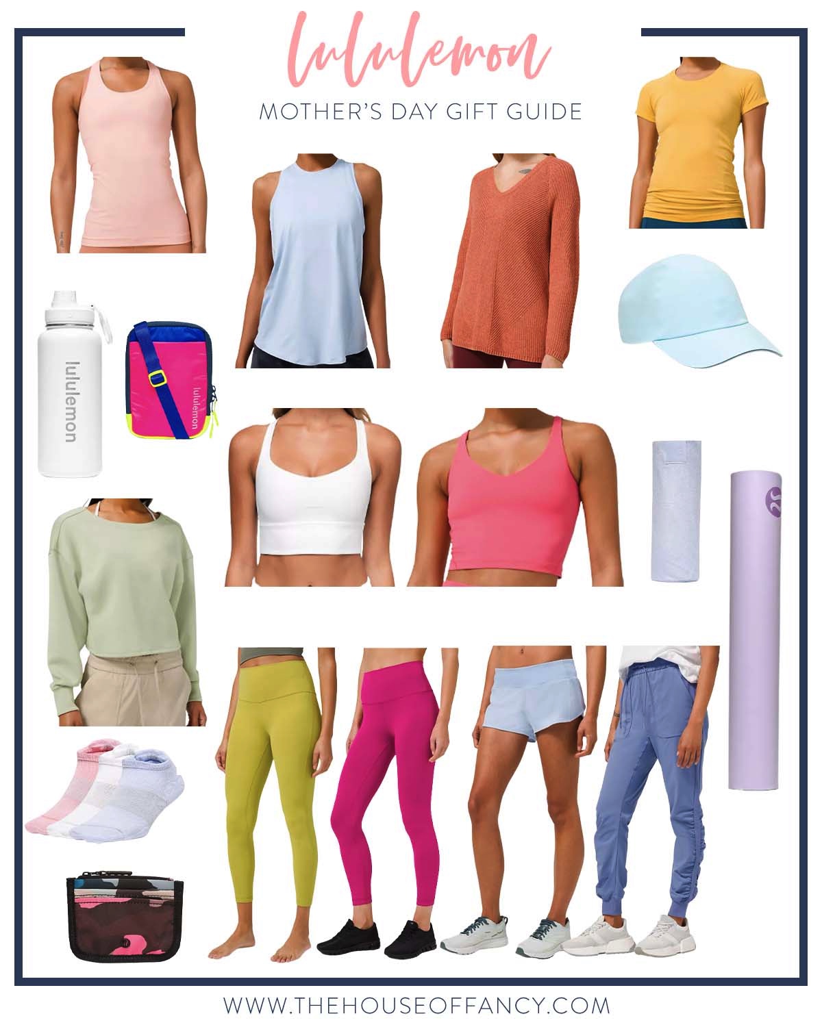 Lululemon Mother's Day Gift Guide by popular Houston fashion blog, The House of Fancy: collage image of Lululemon tanks, shirts, sports bra, baseball hat, yoga mat, leggings, water bottle, socks, and shorts. 