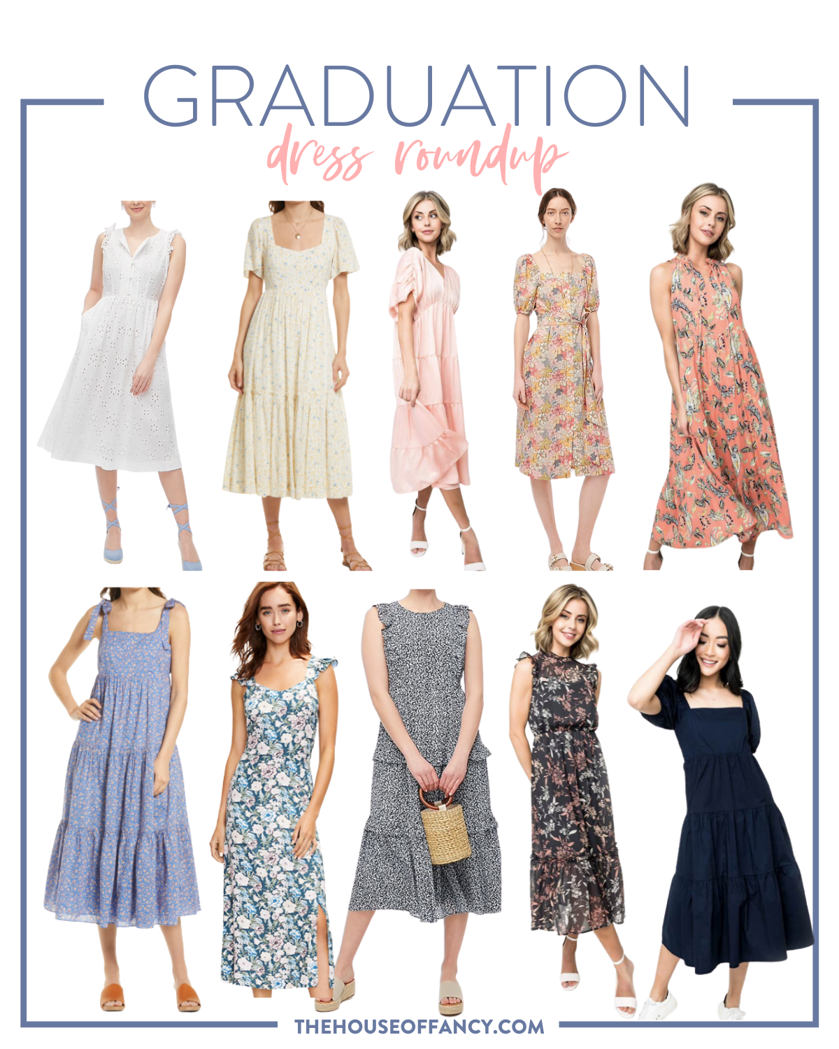 graduation dress roundup | pink graduation dress | Graduation Dress by popular Houston fashion blog, The House of Fancy: collage image of floral print dresses, babydoll dresses, maxi dresses, and a white eyelet dress.