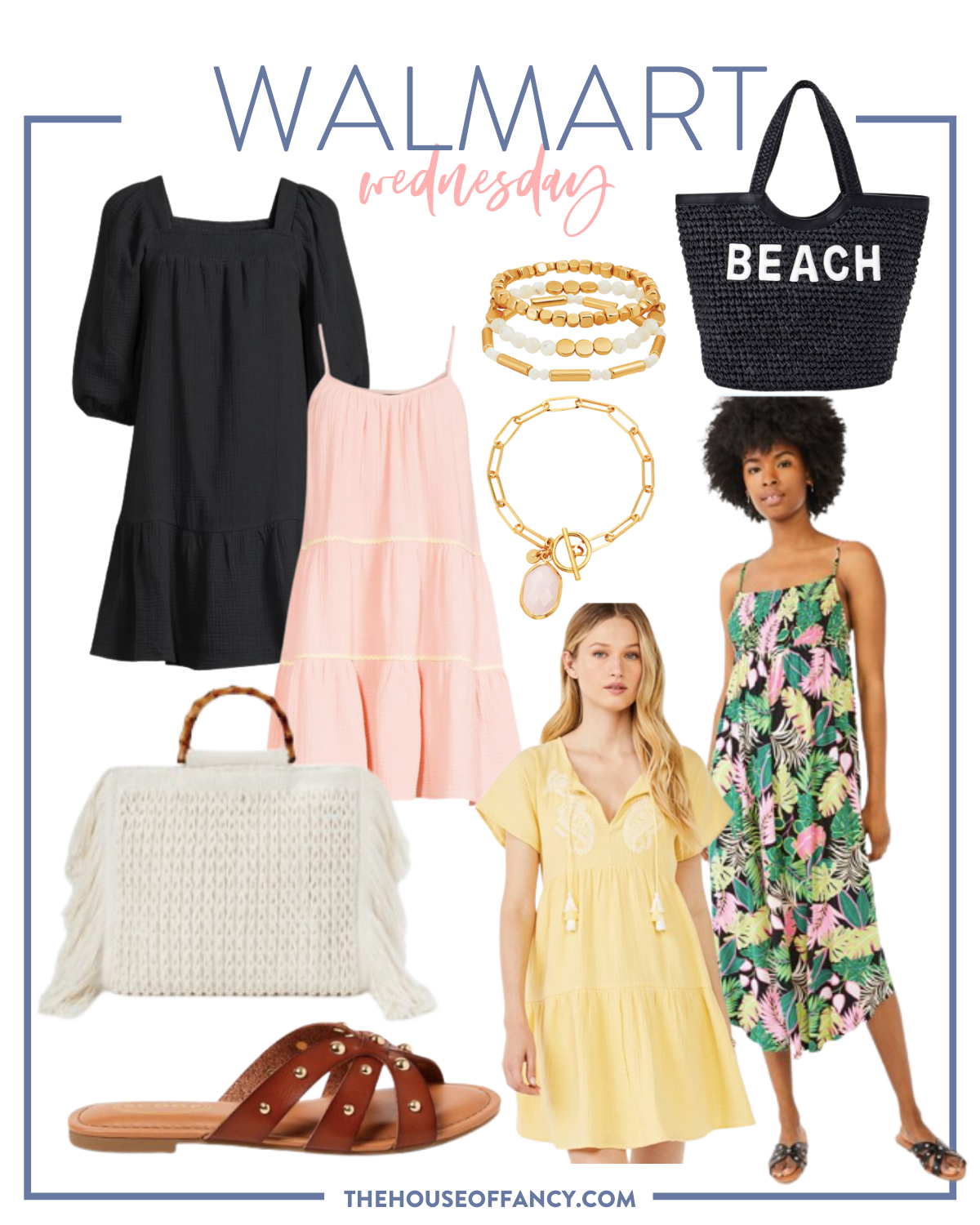 Walmart New Arrivals by popular Houston fashion blog, The House of Fancy: collage image of a black babydoll dress, pink tiered spaghetti stripe dress, black straw beach tote, gold link bracelet, gold and white stretch bracelets, tropical pint strap dress, yellow embroidered dress, gold studded brown strap slide sandals, and woven white fringe handbag. 