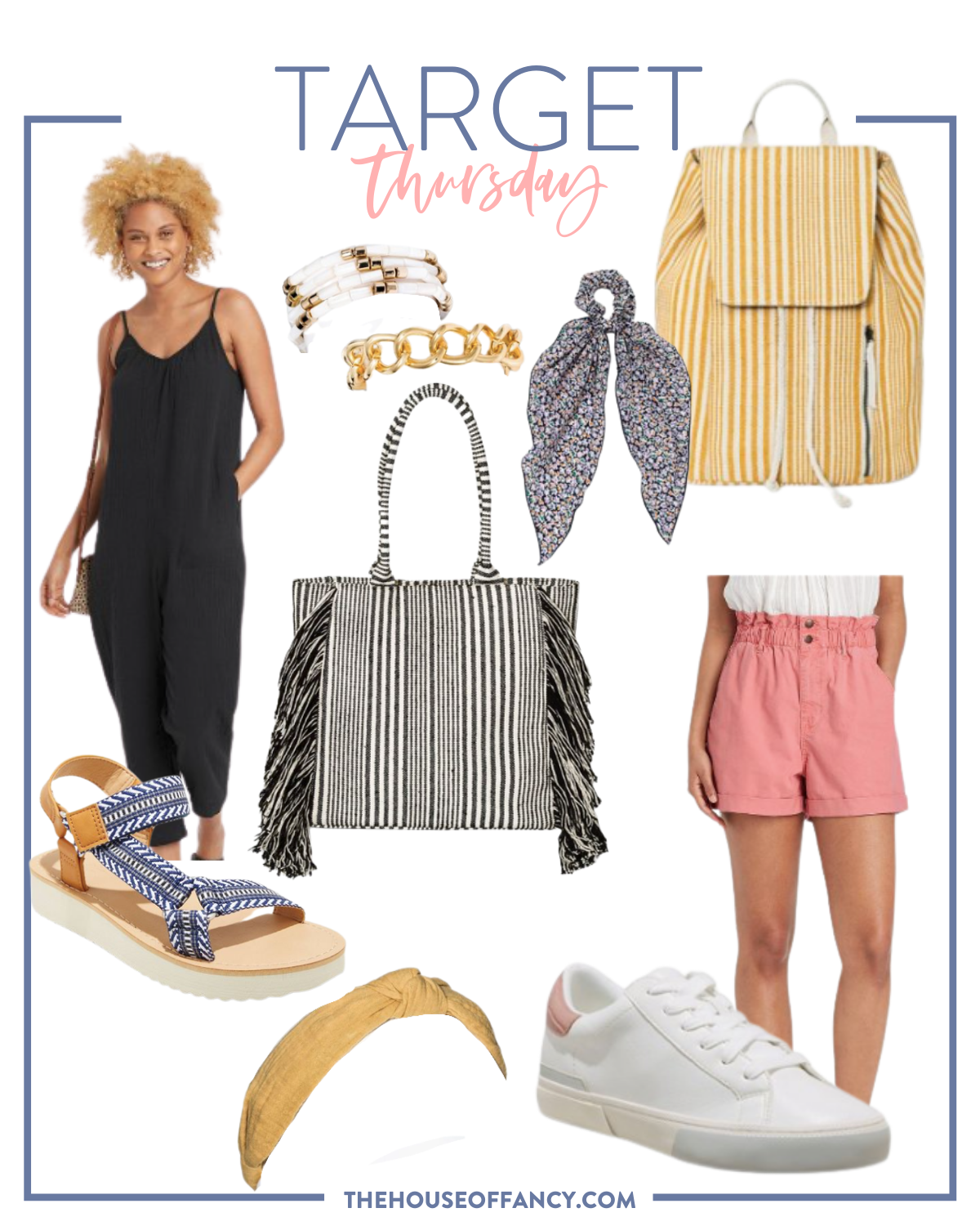 Target New Arrivals by popular Houston fashion blog, The House of Fancy: collage image of a black jumper, pink paper bag shorts, yellow and white stripe backpack, floral hair scrunch, black and white stripe tote, gold chain link bracelet, yellow knot headband, white sneakers, and blue and white fabric strap sandals. 