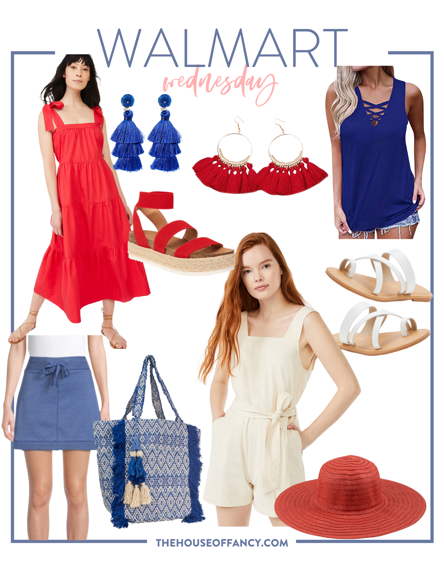 Walmart Memorial Day by popular Houston fashion blog, The House of Fancy: collage image of a Walmart blue drawstring skirt, Walmart cream jumper, Walmart white strap slide sandals, Walmart blue tank top, Walmart red strap espadrilles, Walmart red fringe earrings, Walmart blue fringe tassel earrings, Walmart red straw sunhat, and Walmart blue and cream tribal print bag. 