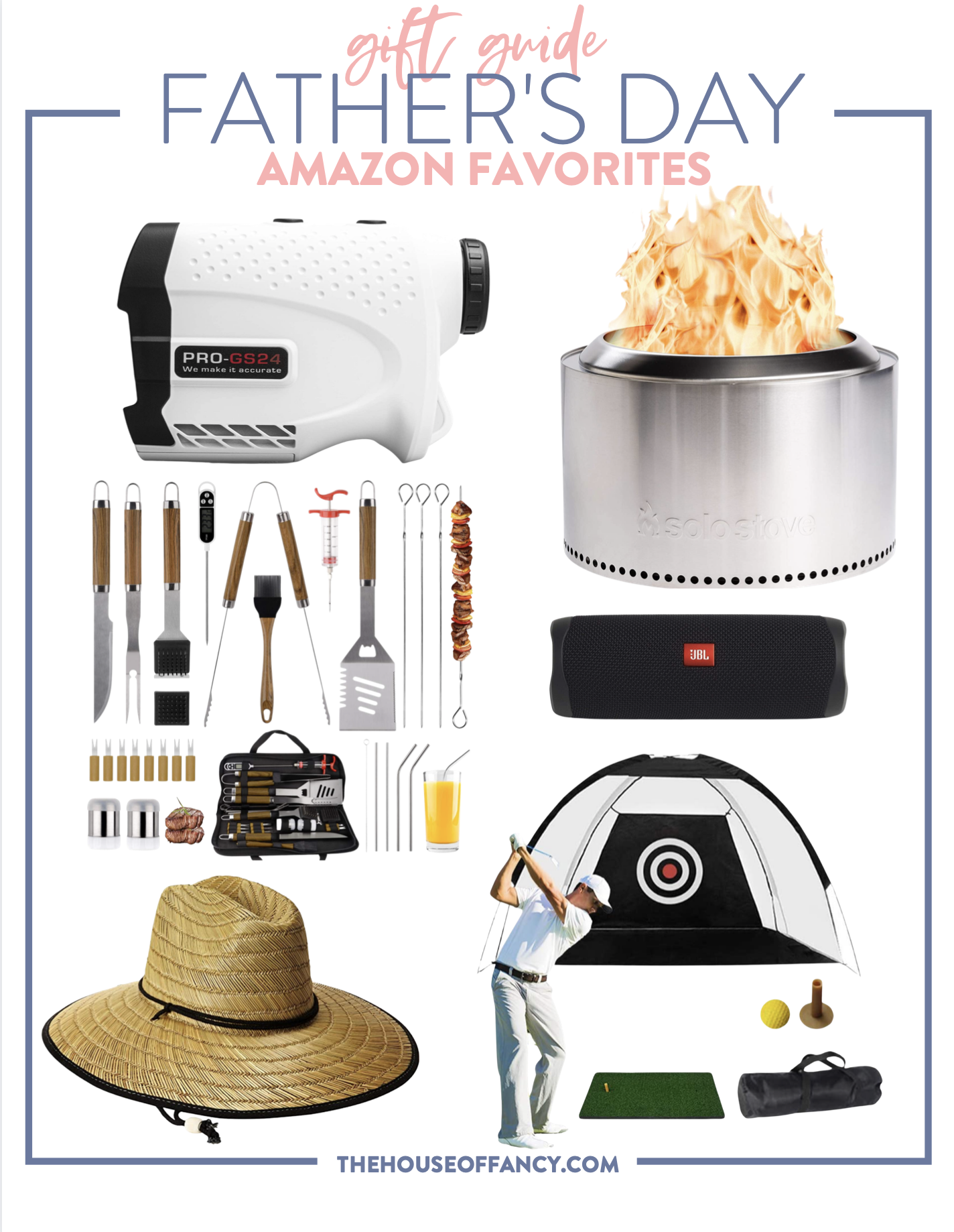items for fathers day gifts | Father's Day Gift Ideas by popular Houston life and style blog, The House of Fancy: collage image of a Solo camp stove, BBQ grilling utensils, golf target, and straw sunhat. 