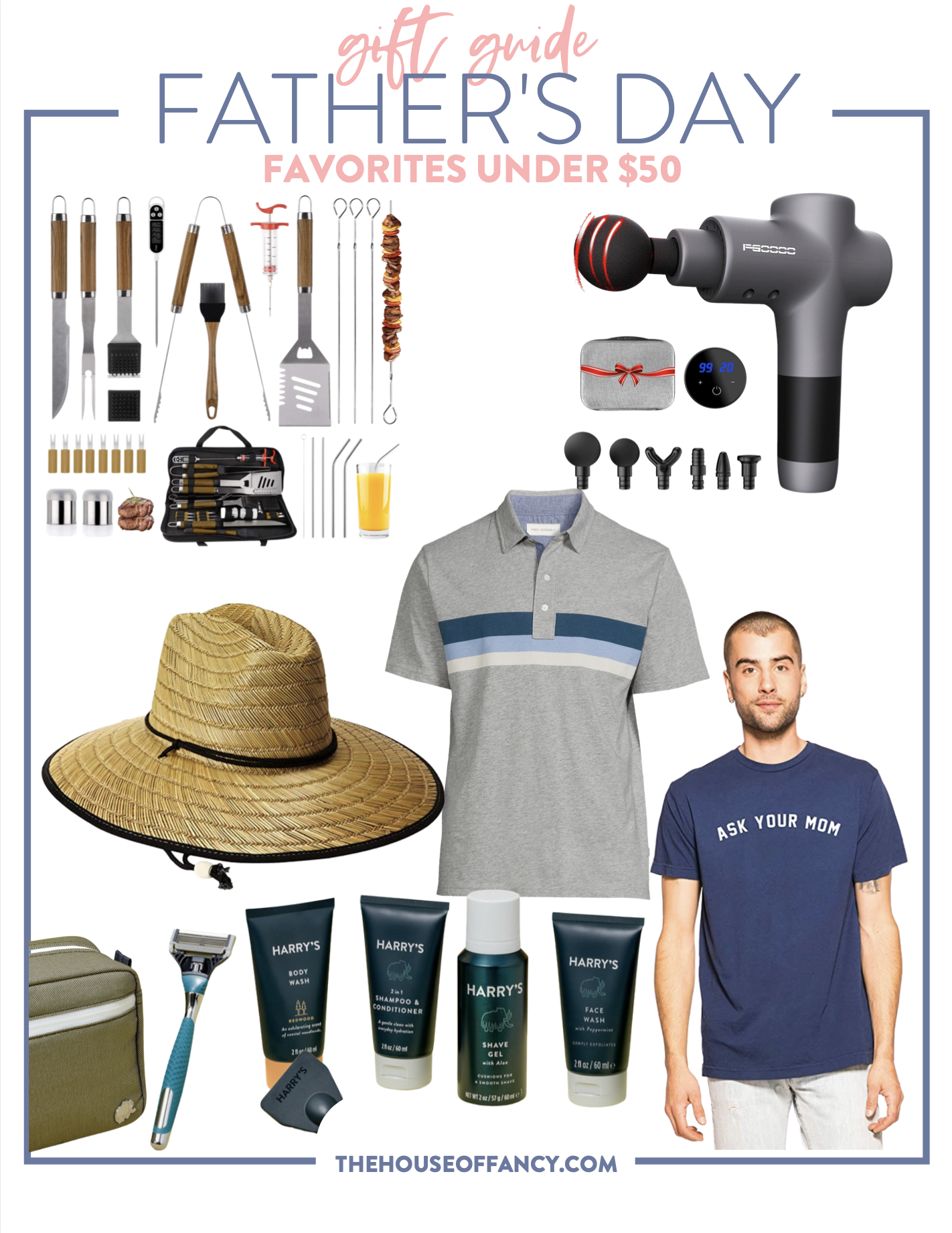 items for fathers day gifts | Father's Day Gift Ideas by popular Houston life and style blog, The House of Fancy: collage image of a straw sunhat, ask your mom t-shirt, Harry's shaving supplies, massage gun, grey and blue stripe polo shirt, and grilling utensils. 