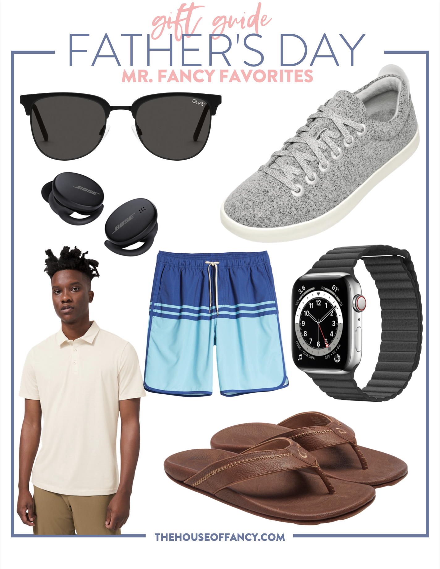 items for fathers day gifts | Father's Day Gift Ideas by popular Houston life and style blog, The House of Fancy: collage image of a Quay sunglasses, grey fabric sneakers, blue swimsuit shorts, black wrist watch, Bose earbuds, brown slide sandals, and cream polo shirt. 