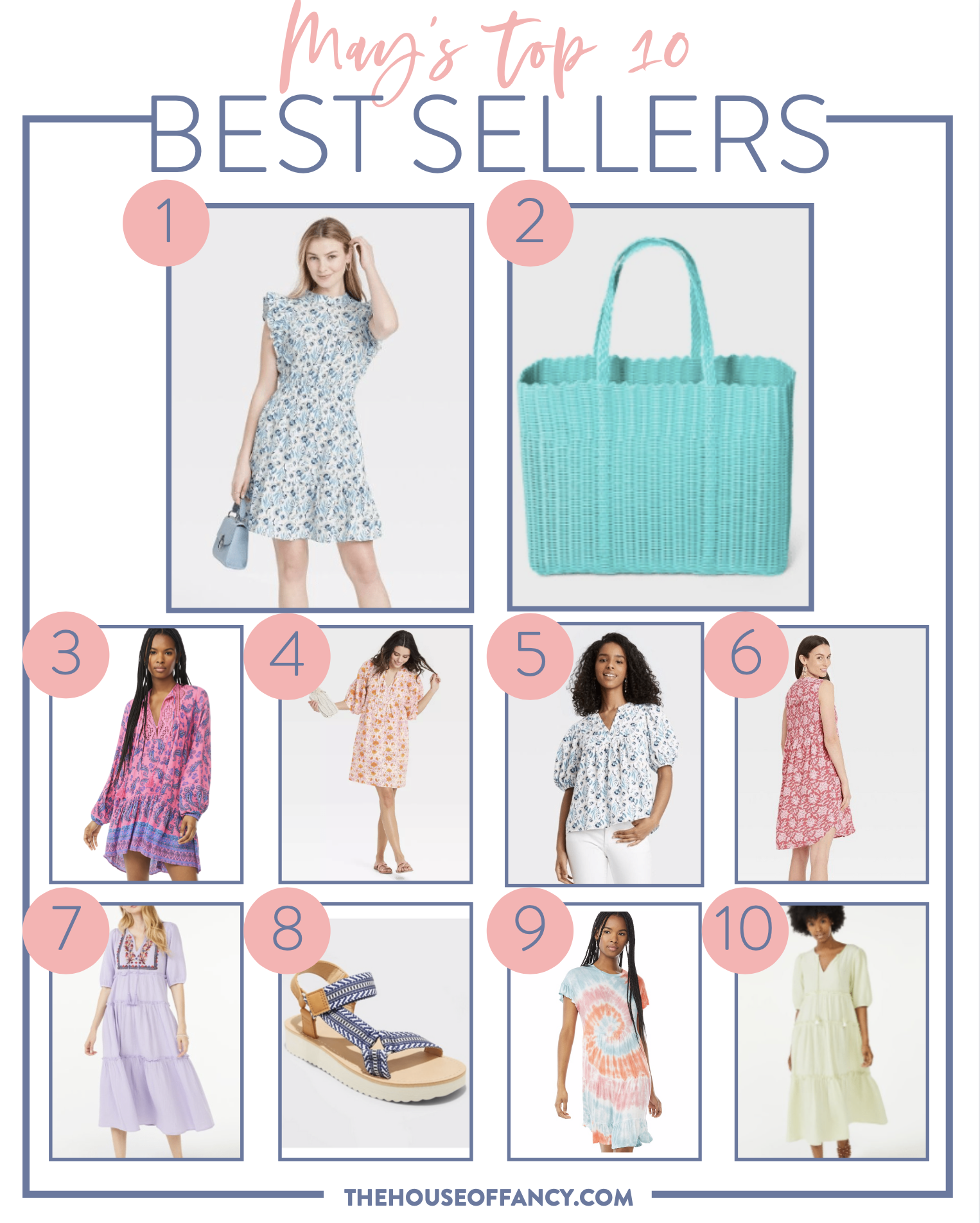 Best Sellers by popular Houston fashion blog, The House of Fancy: collage image of a blue and white floral print flutter sleeve dress, woven blue tote bag, pink and blue paisley print dress, white and blue flora print puff sleeve top, pink and white floral print sleeveless dress, purple floral embroidered tiered maxi dress, blue and white stripe strap sandals tie dye t-shirt dress, yellow tiered maxi dress, and pink floral print dress.