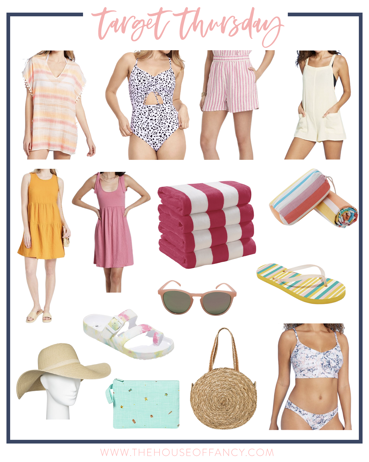 Target Thursday by popular Houston life and style blog, The House of Fancy: collage image swimsuit coverups, one piece swimsuit, pink and white stripe shorts, sleeveless mini dress, pink and white stripe towels, white slide sandals, sunglasses, flip flops, straw sunhat, woven circle bag, and blue tie dye two piece swimsuit. 