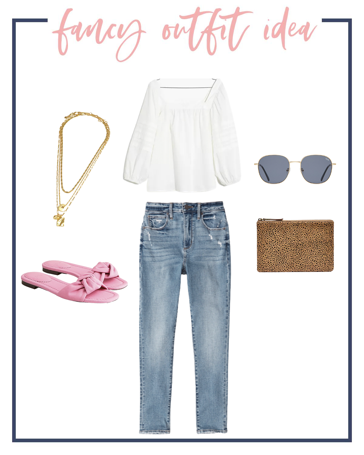 Summer Outfits by popular Houston fashion blog, The House of Fancy: collage image of a gold chain necklace, pink slide sandals, leopard print clutch, sunglasses, jeans, and white square neck blouse. 