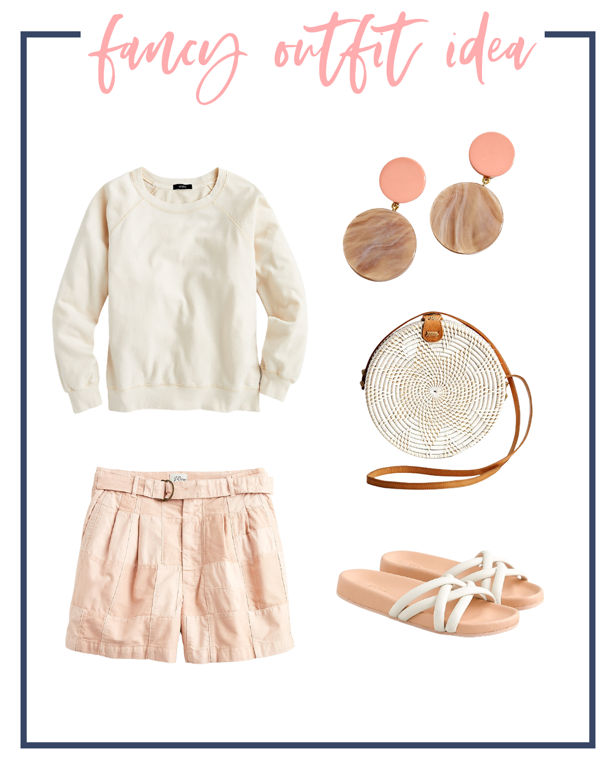 Summer Outfits by popular Houston fashion blog, The House of Fancy: collage image of a cream sweatshirt, pink shorts, white cross strap sandals, white woven circle bag, and pink statment earrings. 