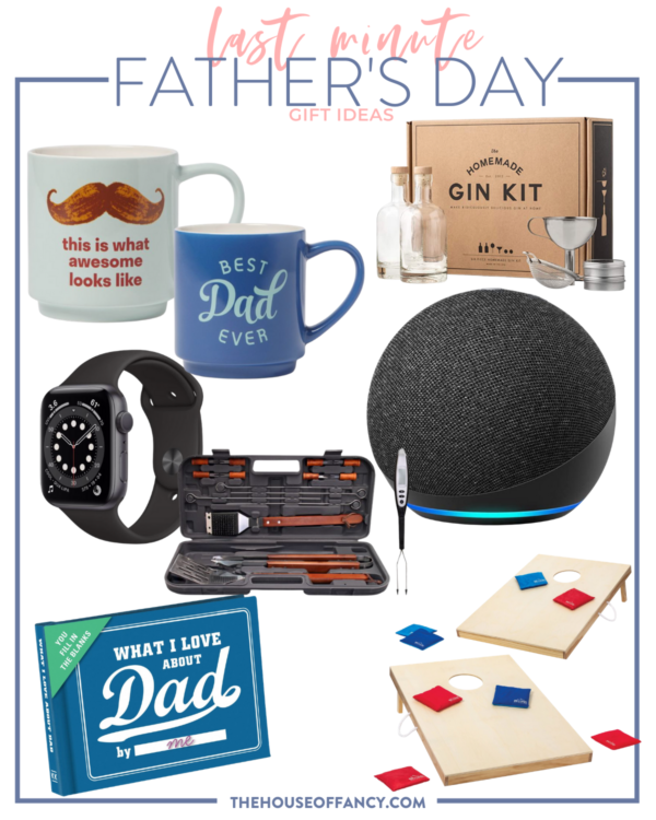 Father's Day Gift Ideas by popular Houston life and style blog, The House of Fancy: collage image of dad coffee mugs, bluetooth speaker, Apple Watch, grilling set, corn hole, What I love about dad cards, and gin kit. 