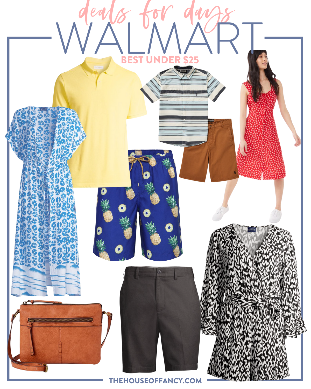 Walmart Deals for Days by popular Houston fashion blog, The House of Fancy: collage image of blue and white print dusters, pineapple print swimsuit, yellow polo, brown shorts, blue, white, and cream stripe button up shirt, red and white floral print midi skirt, brown crossbody bag, and black and white print dress. 