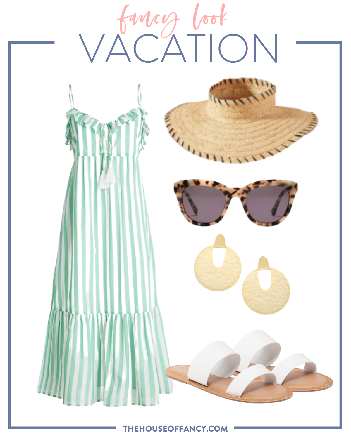 Summer Outfit Ideas by popular Houston fashion blog, The House of Fancy: collage image of white and green stripe maxi dress straw sunhat, tortoise shell frame sunglasses, gold statement earrings, white strap sandals. 