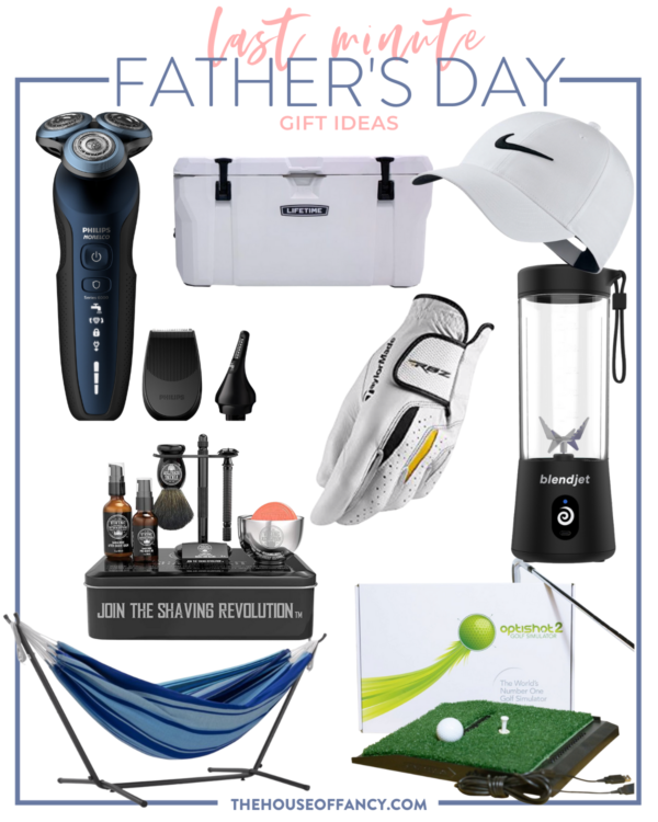 Father's Day Gift Ideas by popular Houston life and style blog, The House of Fancy: collage image of an electric face shaver, lifetime cooler, white Nike hat, shaving kit, golf glove, blend jet, blue stripe hammock, and Optishot2.