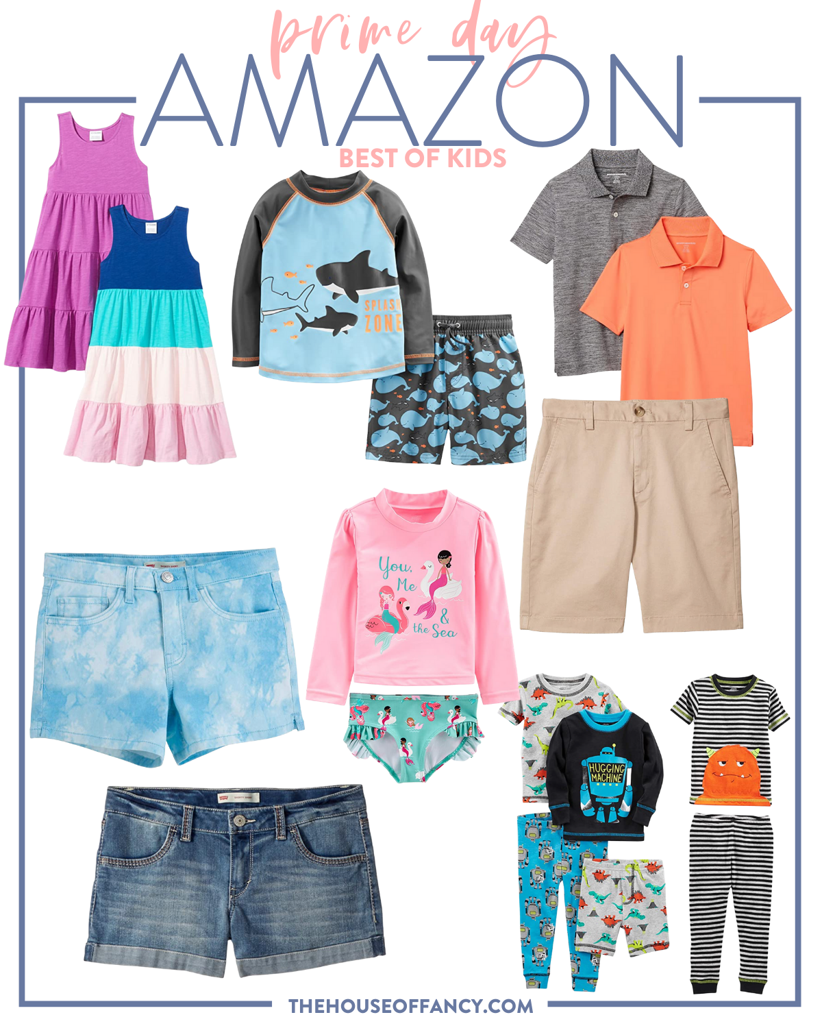 Amazon Prime Day by popular Houston life and style blog, The House of Fancy: collage image of girls tiered midi dresses, blue and white tie dye shorts, orange and grey polo shirts, tan shorts, denim shorts, rash guard swimsuit set, monster pajama set, robot pajama set, and dinosaur pajama set. 