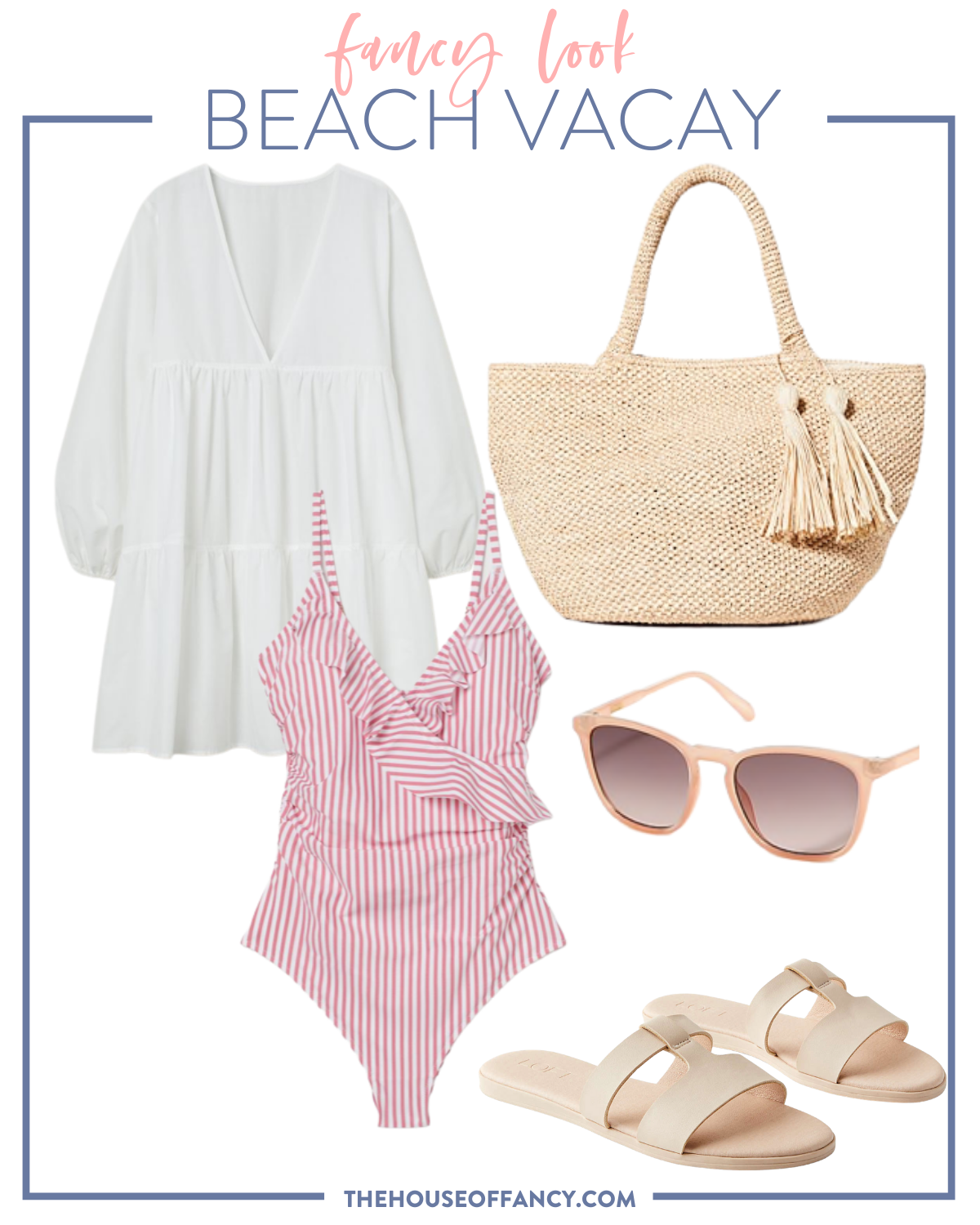 Summer Outfit Ideas by popular Houston fashion blog, The House of Fancy: collage image of white babydoll dress, pink and white stripe swimsuit, woven tote, sunglasses and tan strap sandals. 