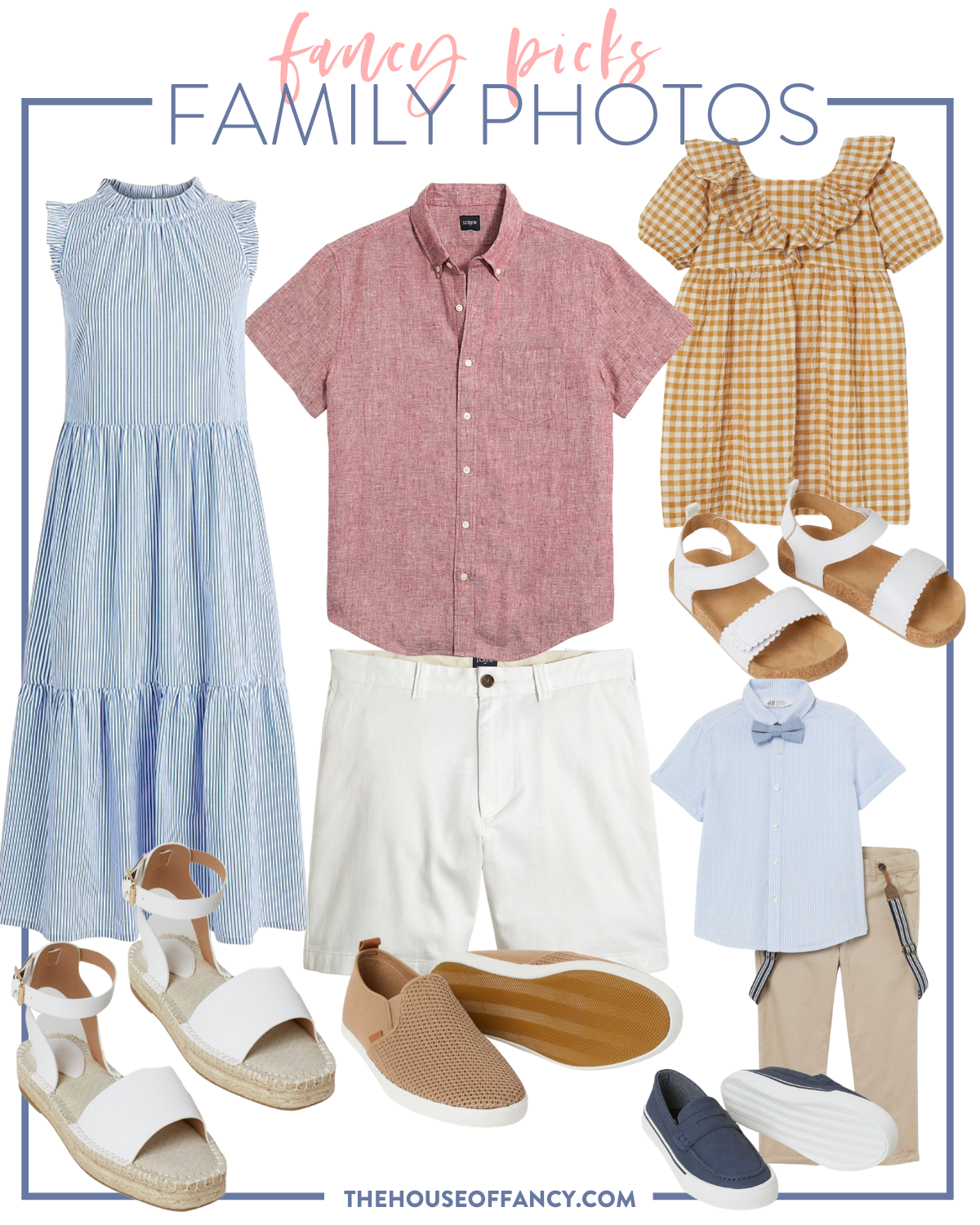 fancy Ashley family photo looks | Family Photo Outfits by popular Houston fashion blog, The House of Fancy: collage image of a blue stripe tiered maxi dress, red button up shirt, white shorts, white espadrilles, tan sneakers, white strap sandals, blue button up shirt, orange gingham dress, blue boater sneakers, and tan pants with blue suspenders.  