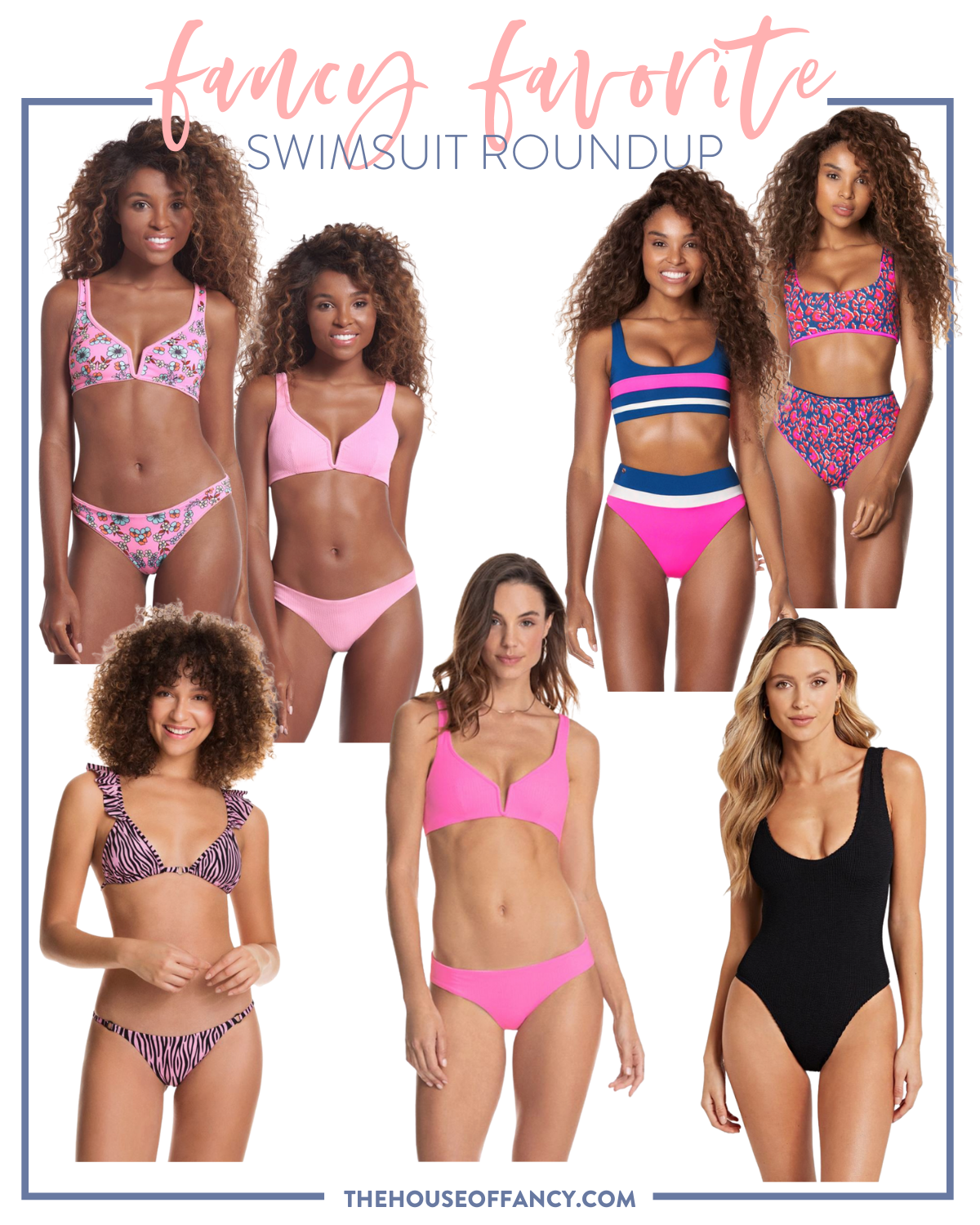 woman's swimsuits packed on beach vacation | Beach Vacation by popular Houston fashion blog, The House of Fancy: collage image of pink two piece swimsuits, black one pice swimsuit, blue and pink two piece swimsuit and a pink and black zebra stripe swimsuit. 