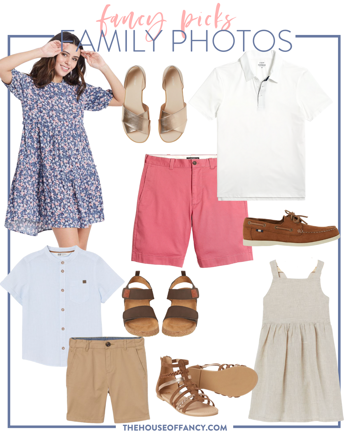 fancy Ashley family photo looks | Family Photo Outfits by popular Houston fashion blog, The House of Fancy: collage image of a floral print dress, coral pink shorts, white button up shirt, brown strap sandals, brown loafers, tan shorts, brown strap gladiator sandals, and tan linen dress. 