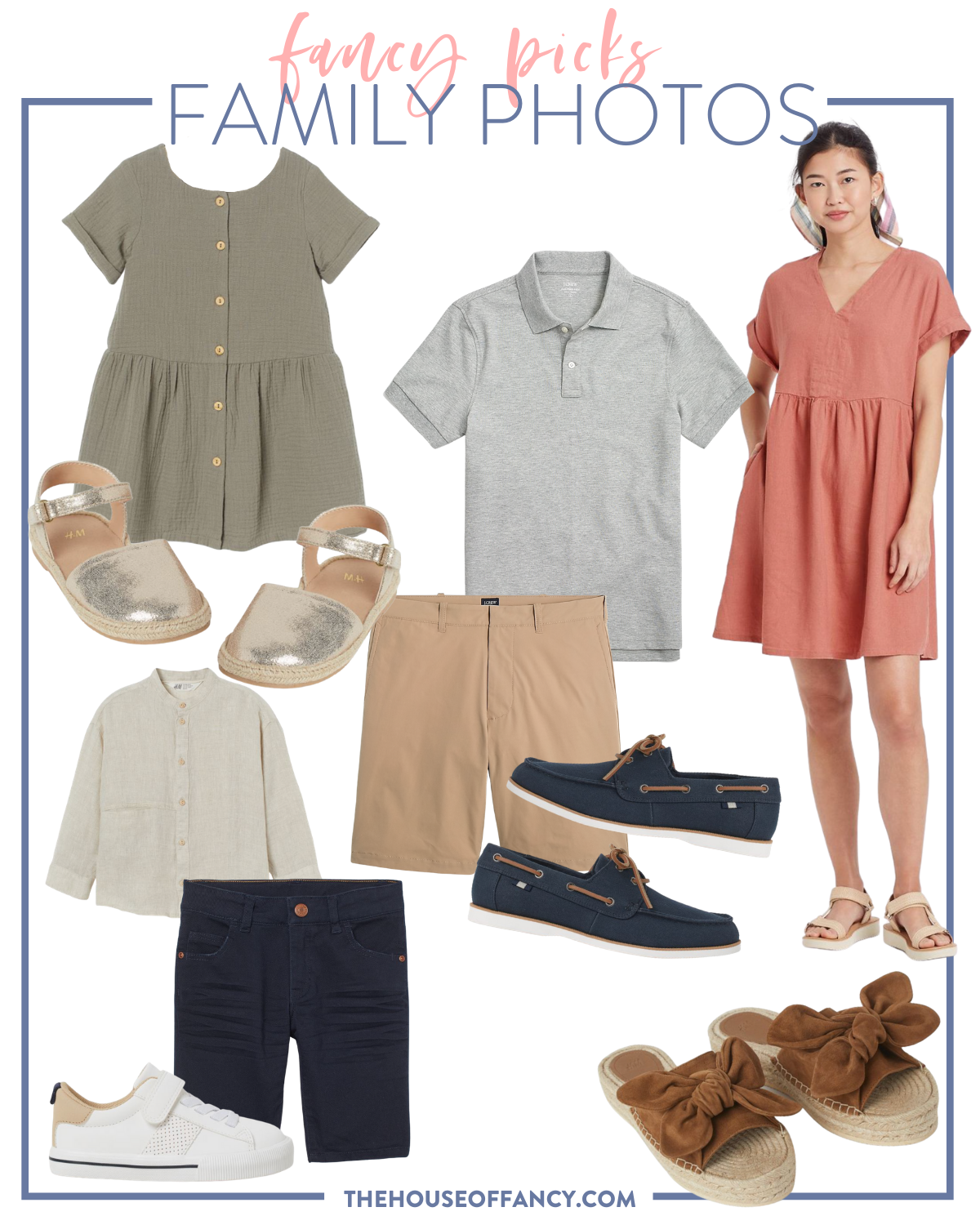 fancy Ashley family photo looks | Family Photo Outfits by popular Houston fashion blog, The House of Fancy: collage image of a olive green button front dress, grey polo shirt, gold espadrilles, tan shorts, red dress, blue loafers, tan linen shirt, blue shorts, white sneakers, and brown bow strap espadrilles. 