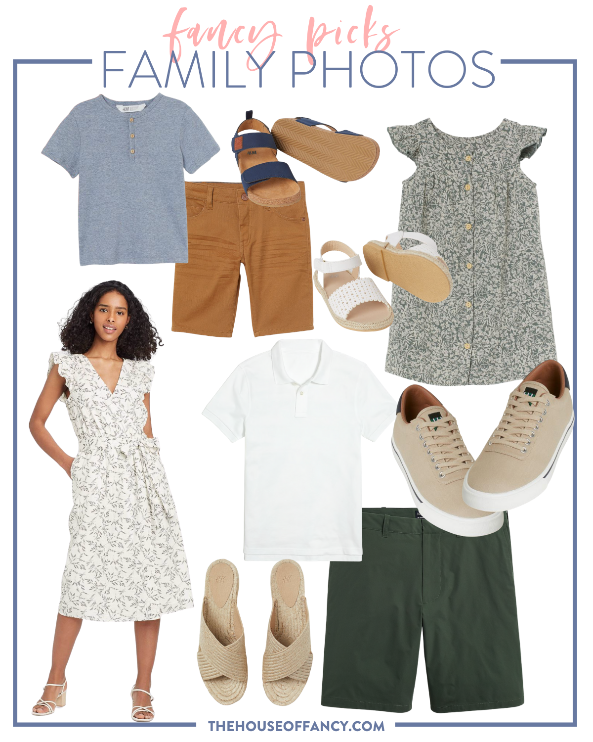 Family Photo Outfits by popular Houston fashion blog, The House of Fancy: collage image of green shorts, tan espadrilles, black and white floral print flutter sleeve midi dress, white polo shirt, tan sneakers, grey floral print button up shirt, white strap espadrille sandals, tan shorts, blue shirt, and blue strap sandals. 