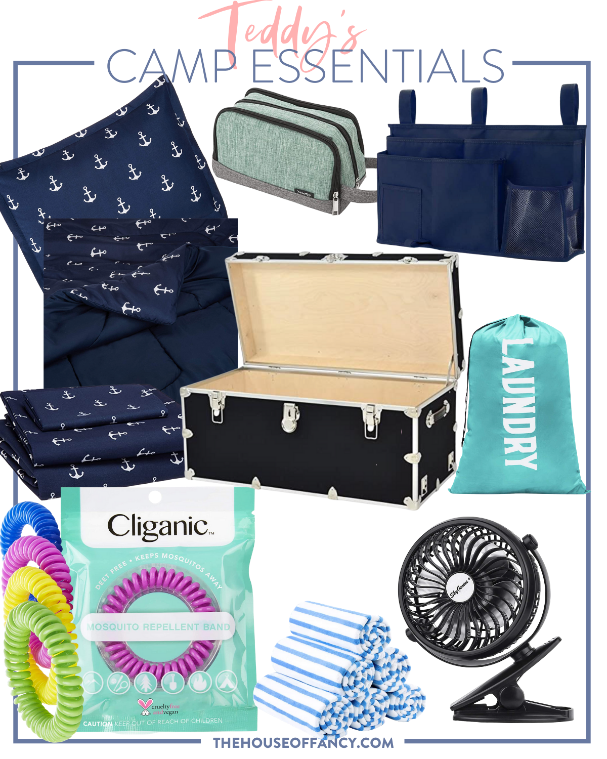 Packing Tips by popular Houston lifestyle blog, The House of Fancy: collage image of blue and white anchor print bedding, black chest, blue laundry bag, Clinic hair ties, portable fan, and  blue and white stripe towels. 