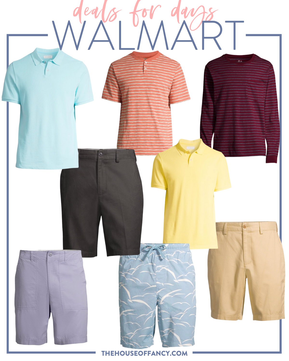 Walmart Deals for Days by popular Houston fashion blog, The House of Fancy: image of a yellow polo shirt, orange and grey stripe polo shirt, blue polo shirt, grey shorts, charcoal grey shorts, khaki shorts, blue and white bird print shorts ,and red and grey stripe long sleeve shirt.