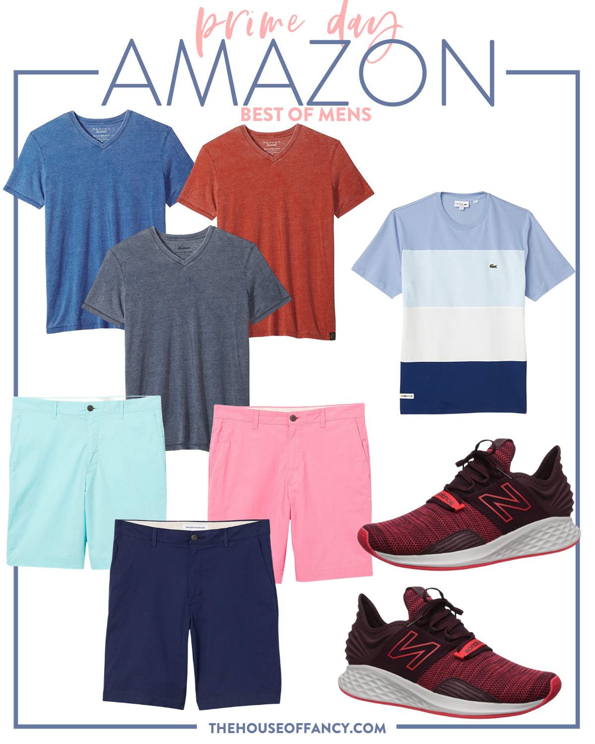 Amazon Prime Day by popular Houston life and style blog, The House of Fancy: collage image of men's v-neck t-shirts, light blue shorts, navy blue shorts, pink shorts, Nike sneakers, and a blue and white stripe shirt.