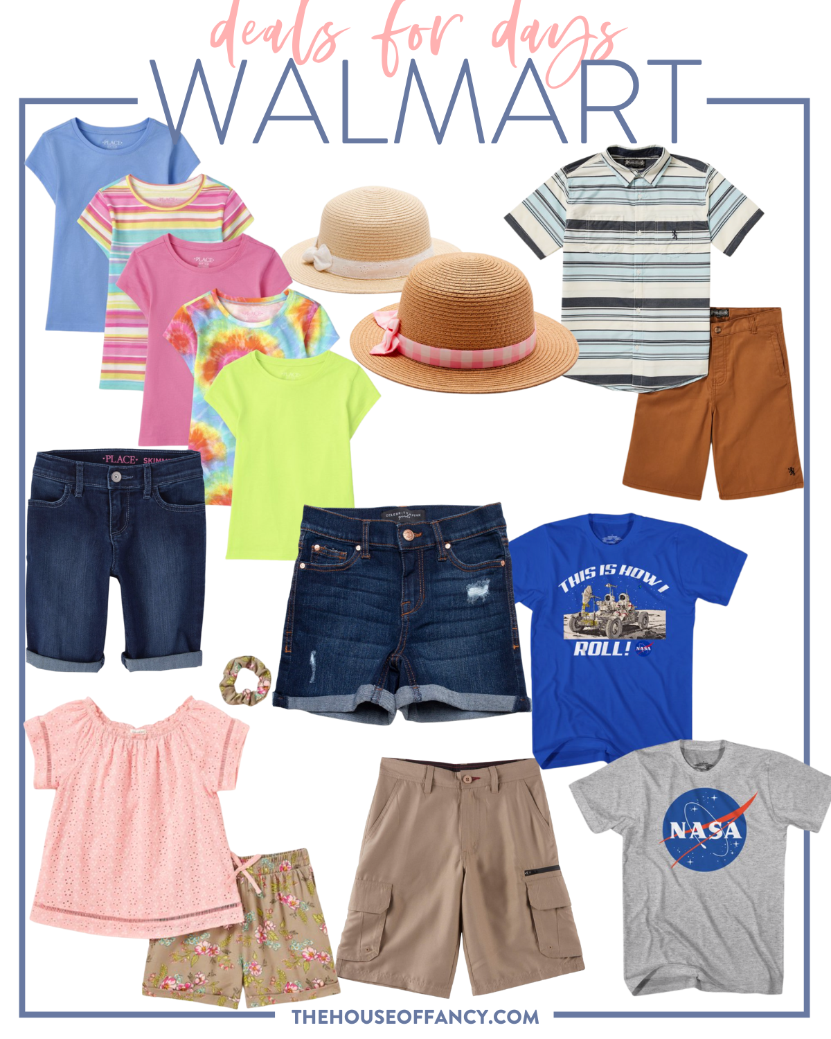 Walmart Deals for Days by popular Houston fashion blog, The House of Fancy: collage image of girls t-shirts, denim shorts, nasa print t-shirt, brown shorts, cream, black and blue stripe button up shirt, floral print scrunchi, pink eyelet shirt, and floral print shorts.