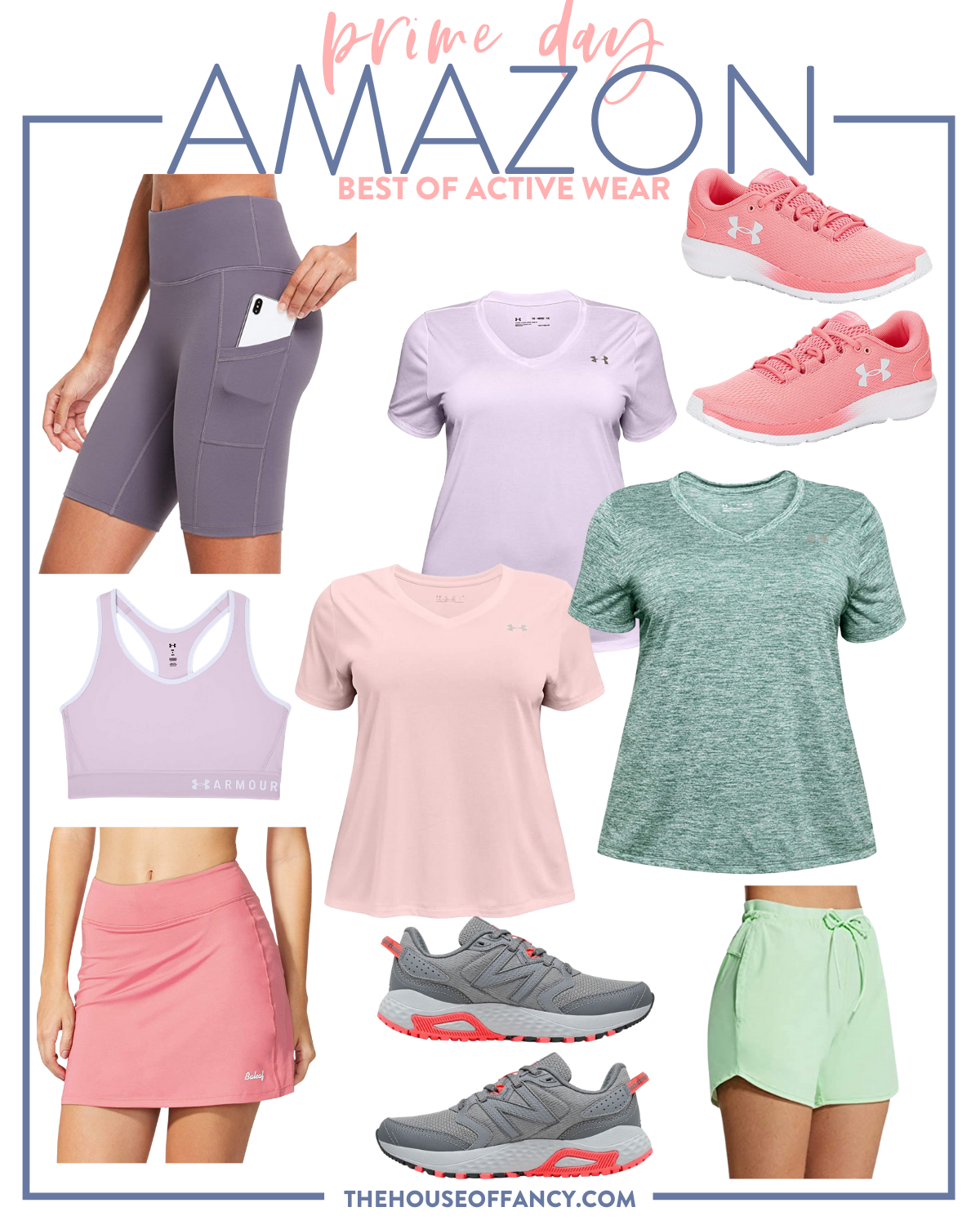 Amazon Prime Day by popular Houston life and style blog, The House of Fancy: collage image of a light purple Under Armor sports bra, Under Armor dry active shirts, dry active shorts, Nike sneakers, pink athletic skirt, Under Armor sneakers, and purple biker shorts with pockets. 