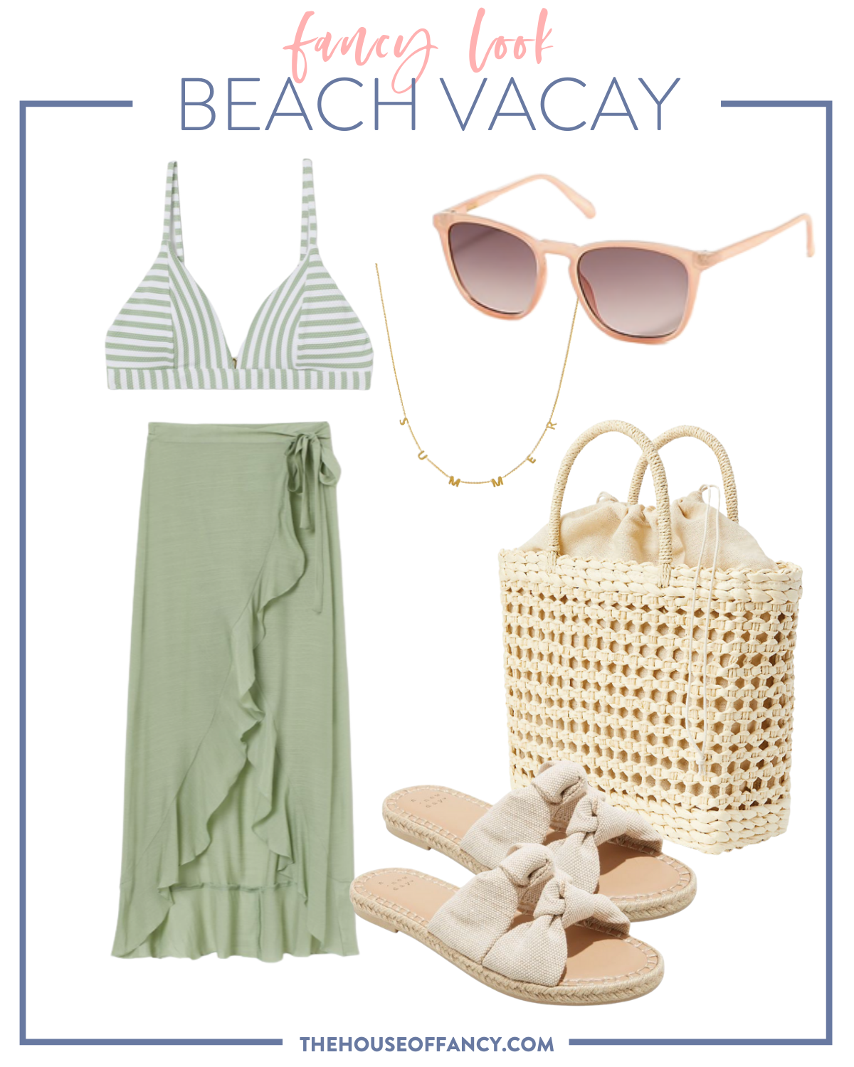 Summer Outfit Ideas by popular Houston fashion blog, The House of Fancy: collage image of a green and white stripe bikini top, green wrap maxi skirt, summer necklace, sunglasses, tan strap espadrille sandals, and woven tote. 