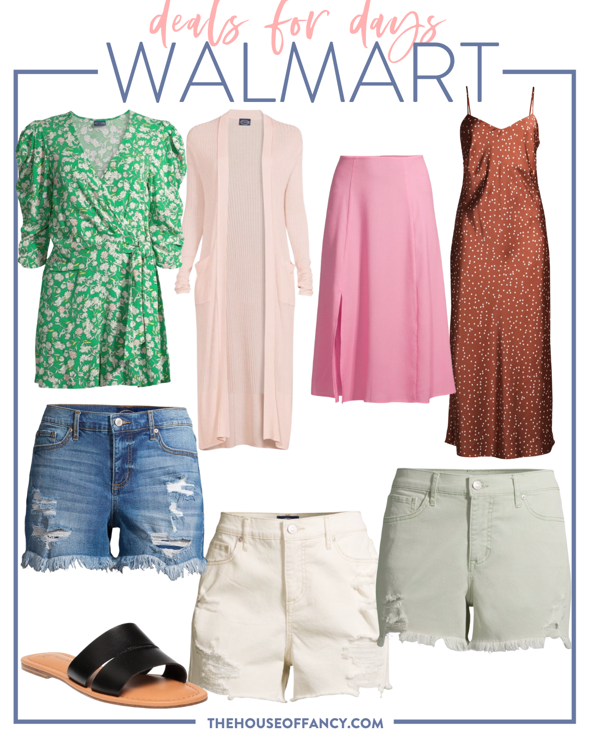 Walmart Deals for Days by popular Houston fashion blog, The House of Fancy: collage image of a green and white print puff sleeve romper, pink duster sweater, pink skirt, silk brown and white dot maxi dress, fray hem denim shorts, fray hem grey shorts, distressed khaki shorts, and black strap sandals. 