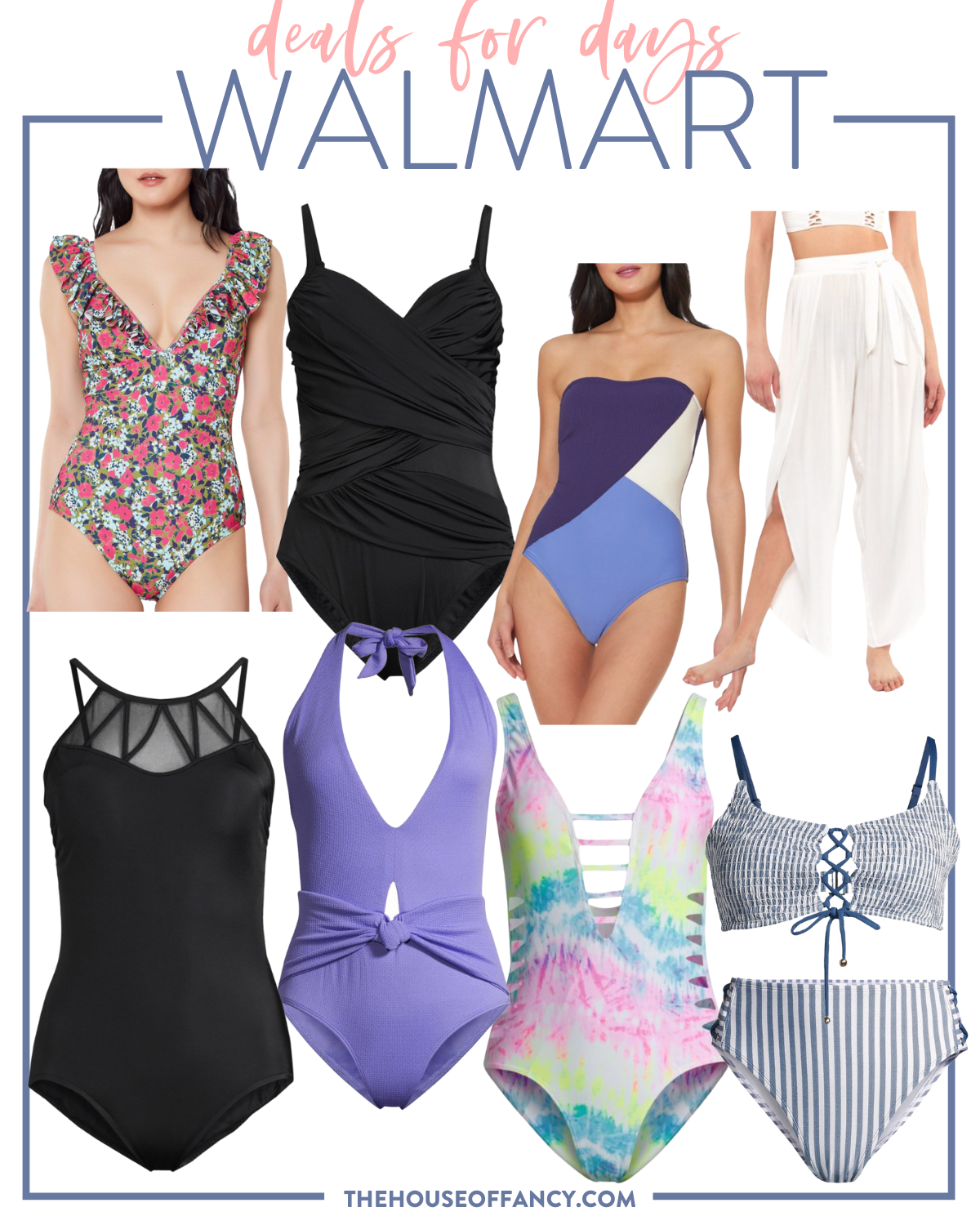 Walmart Deals for Days by popular Houston fashion blog, The House of Fancy: collage image of a floral print ruffle neck one piece swimsuit, black one piece swimsuit, color block strapless one piece, linen tie waist pants, purple halter one piece swim suit, rainbow tie dye cute out one piece swimsuit, and grey and white stripe two piece swimsuit. 