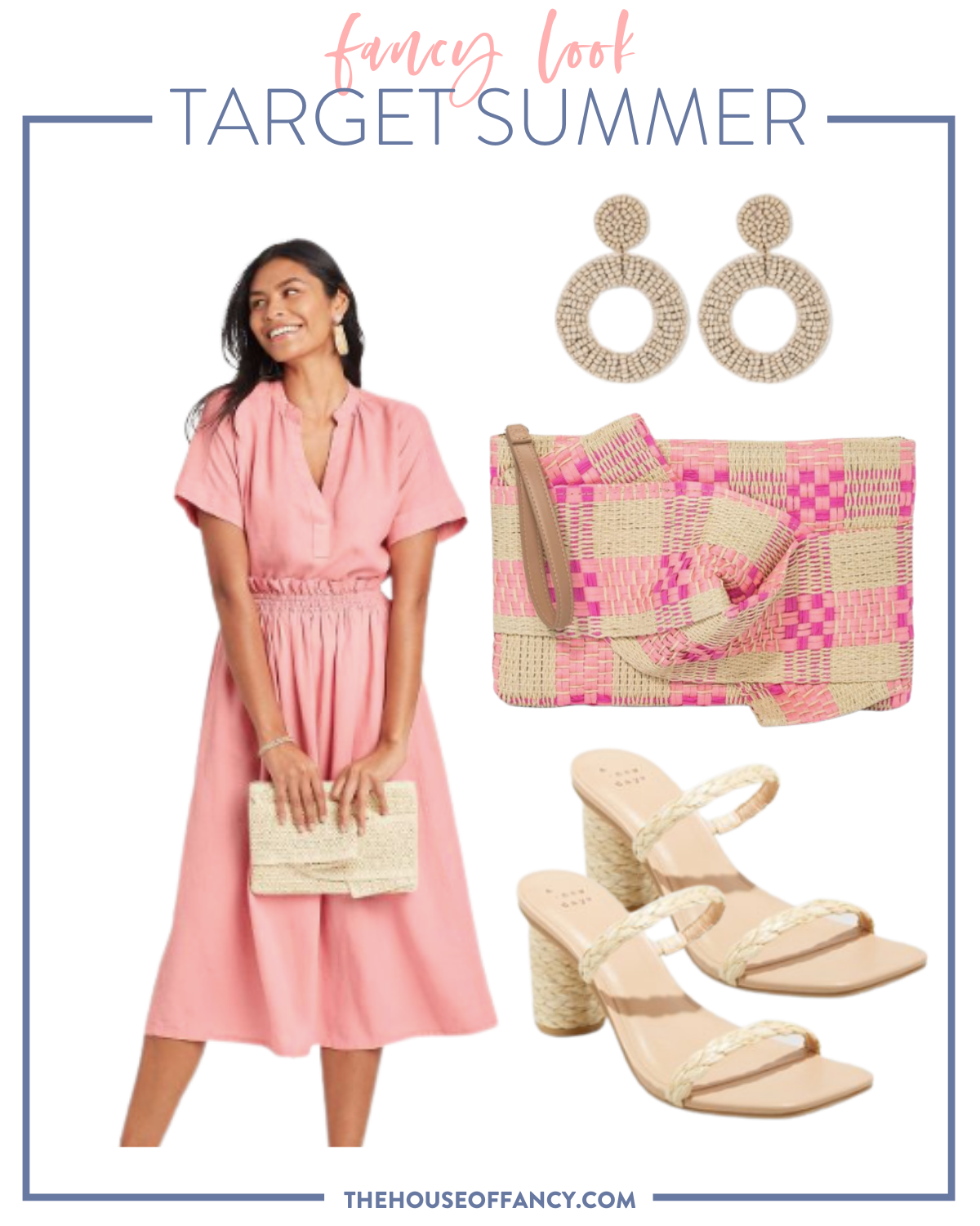 10 Easy Summer Looks from Target | Summer Looks from Target by popular Houston fashion blog, The House of Fancy: collage image of a pink midi dress, pink and tan woven clutch, tan bead statement earrings, and A New Day black heel slide sandals. 