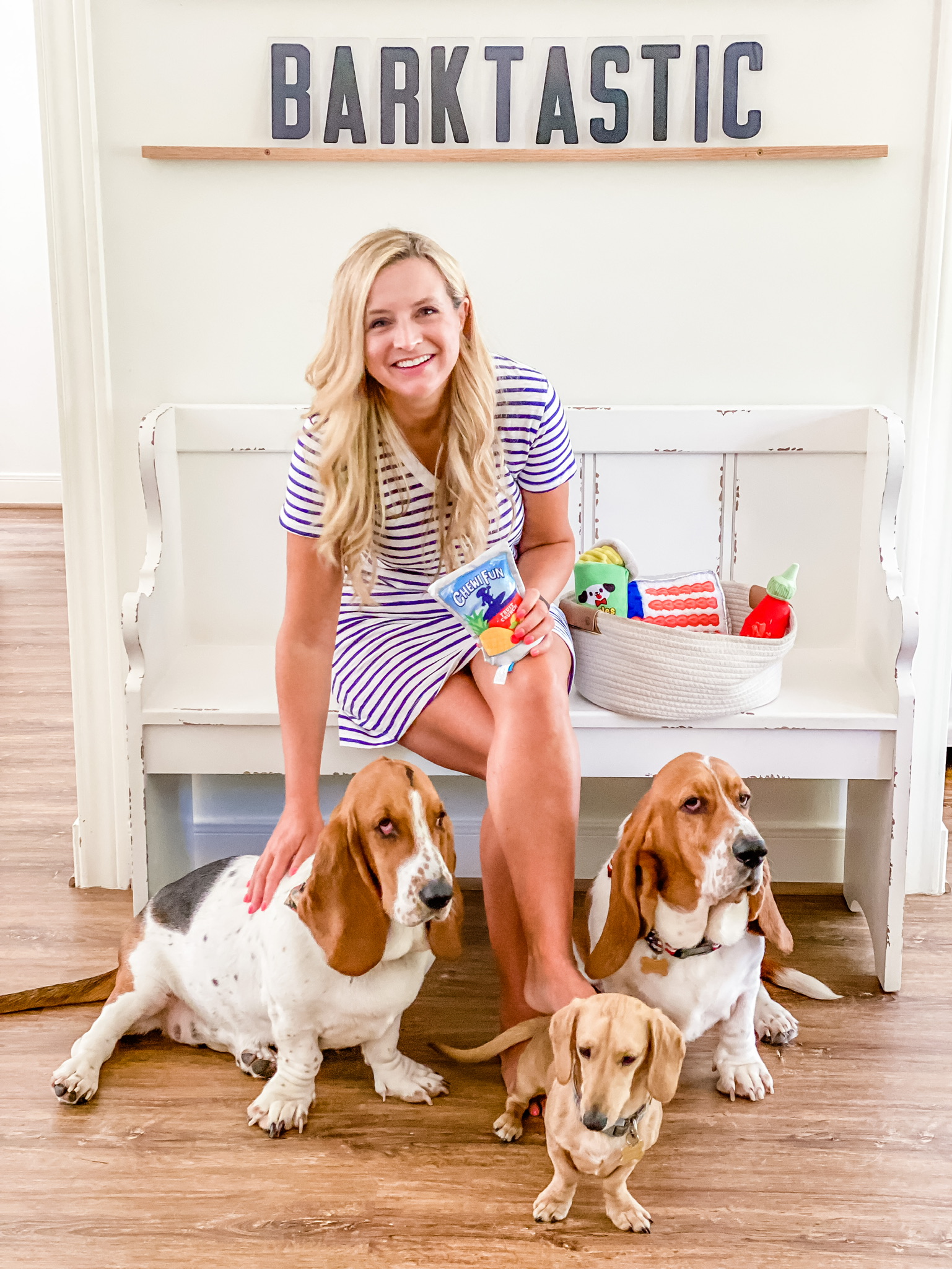 Target Dog Toys by popular Houston lifestyle blog, The House of Fancy: image of a woman wearing a blue and white stripe t-shirt dress and sitting on a white wooden bench next to her three dogs and white woven basket filled with dog toys. 