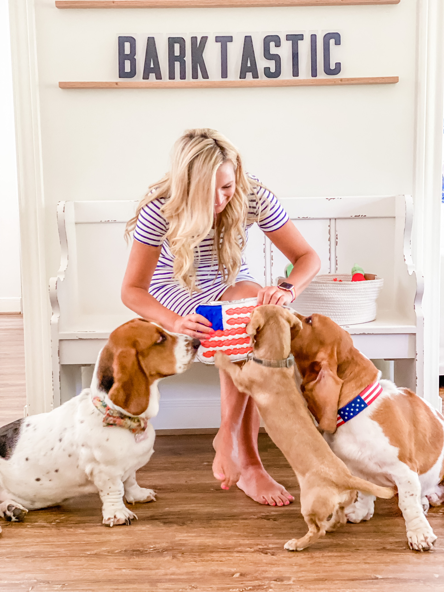 Target Dog Toys by popular Houston lifestyle blog, The House of Fancy: image of a woman wearing a blue and white stripe t-shirt dress and sitting on a white wooden bench next to her three dogs and white woven basket filled with dog toys. 