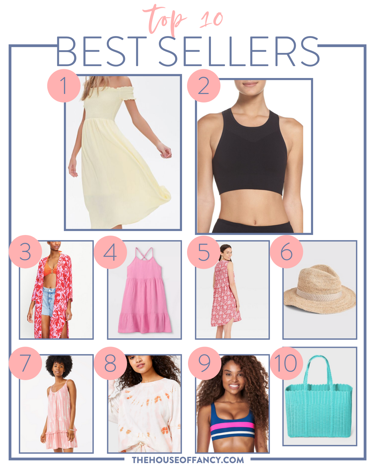 Best Sellers by popular Houston fashion blog, The House of Fancy: collage image of a a yellow smock off the shoulder midi dress, black sports bra, pink and whit floral kimono, pink tiered strap dress, straw fedora, pin and white print sleeveless dress, blue woven tote bag, orange, white and pink tie dye sweatshirt, and pink and white ruffle hem strap dress. 