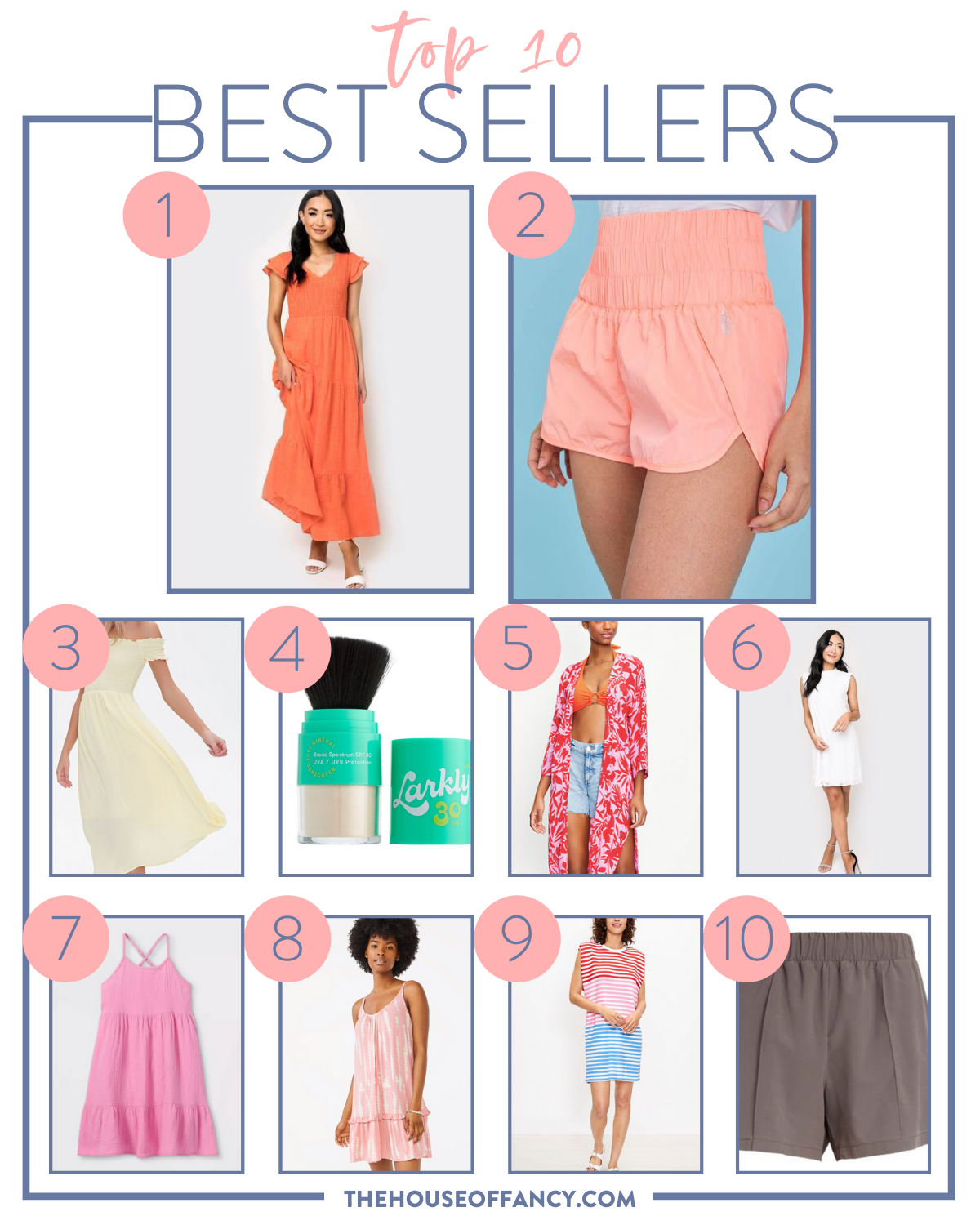 Best Sellers by poplar Houston fashion blog, The House of Fashion: collage image of orange flutter sleeve maxi dress, pink smock waist shorts, yellow smock off the shoulder maxi dress, darkly highlighter, pink tropical print kimono, and white sleeveless dress. 