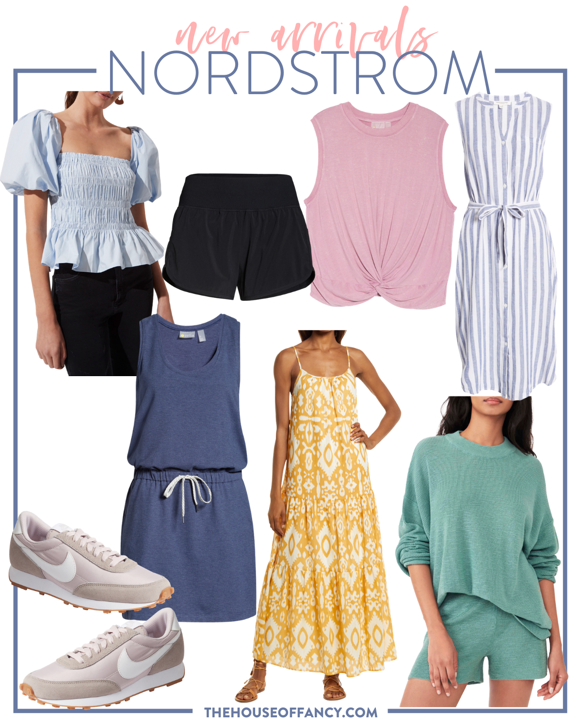 Nordstrom Anniversary Sale by popular Houston fashion blog, The House of Fancy: collage image of a smocked puff sleeve peplum top, black biker shorts, pink front knot tank, blue and white stripe button front tie waist dress, blue tie waist dress, green knit top and shorts set, light purple Nike sneakers, and yellow and white print maxi dress. 