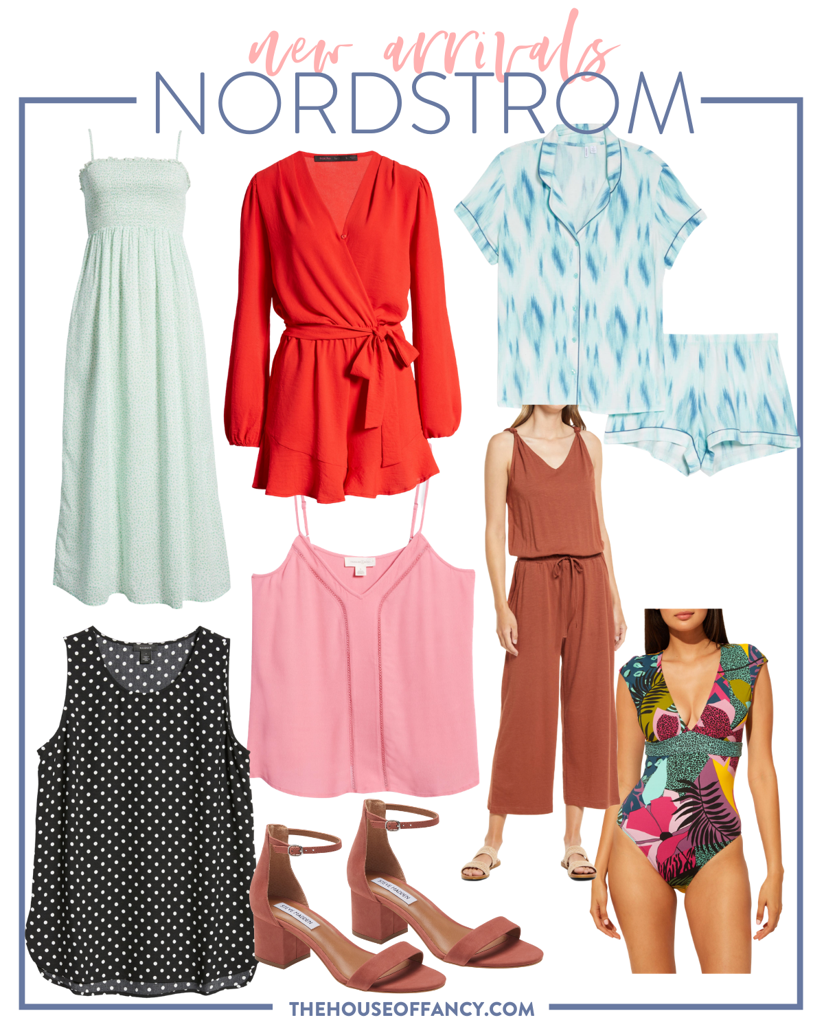 Nordstrom Anniversary Sale by popular Houston fashion blog, The House of Fancy: image of a black and white polka dot tank top, Steve Madden block heel ankle strap sandals, rust color jumper, pink tank top, tropical print one piece swimsuit, mint green smock top maxi dress, red long sleeve romper, and blue pajama set.