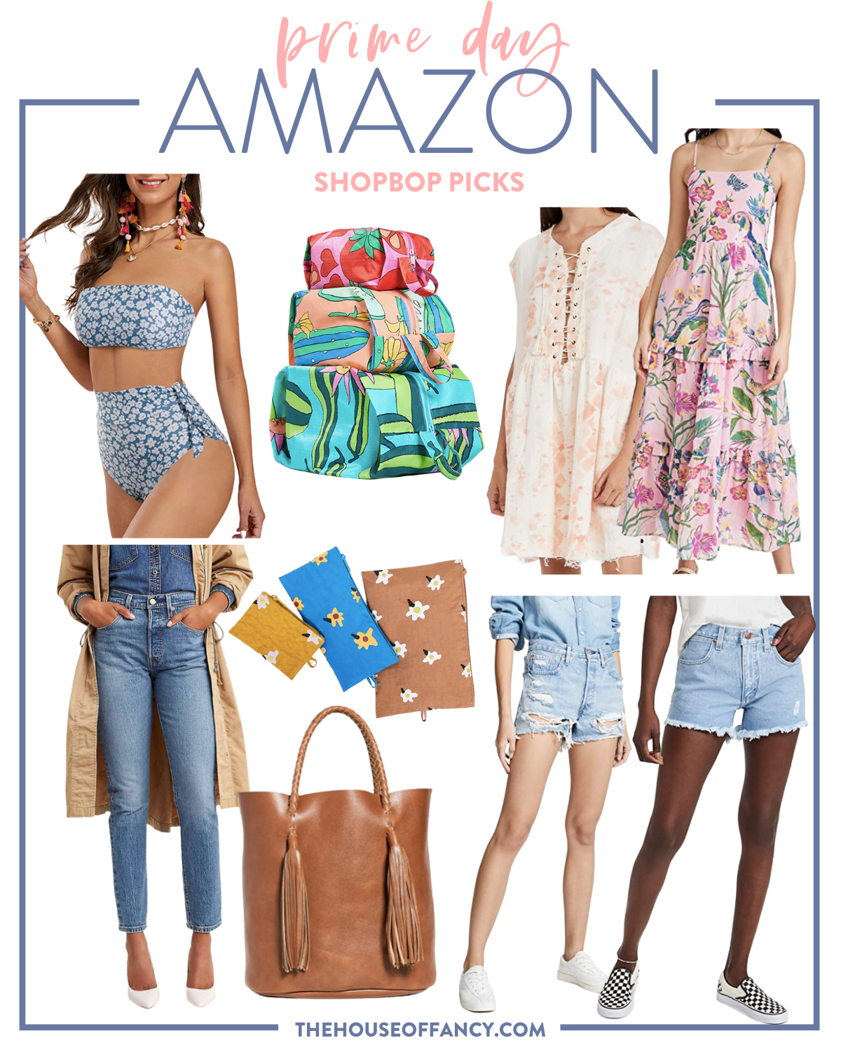 Amazon Prime Day by popular Houston life and style blog, The House of Fancy: collage image of distressed denim shorts, floral cosmetics bags, travel bags, two piece floral print swimsuit, medium wash high waist jeans, orange and white tie dye dress, floral print maxi dress, brown leather tote bag. 