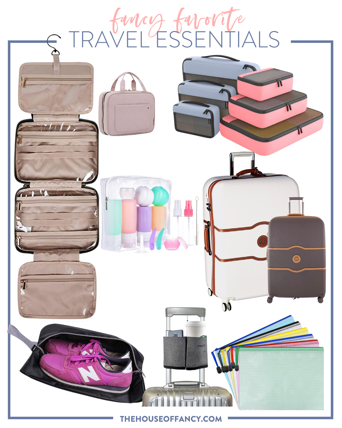 Seaside Florida by popular Houston travel blog, The House of Fancy: collage image of a cosmetics bag, travel containers, shoe bag, cosmetics bags, packing cubes, luggage strap, and rollaway suitcase. 