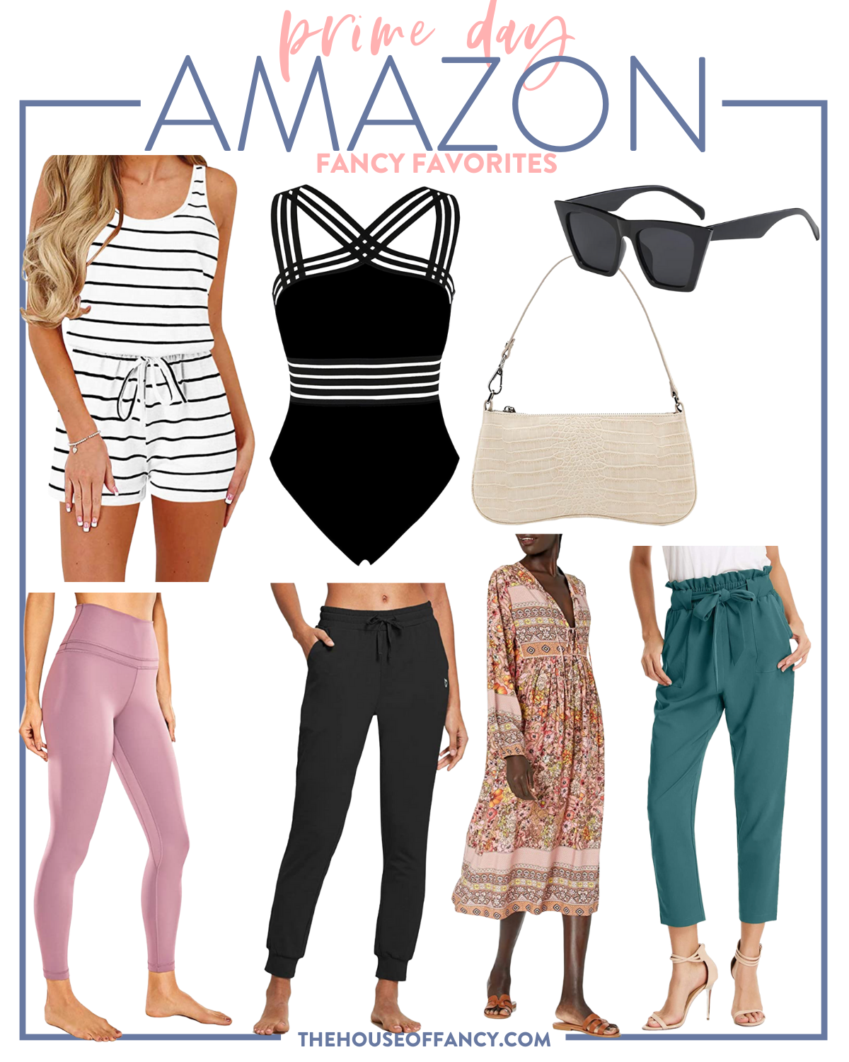 Amazon Prime Day by popular Houston life and style blog, The House of Fancy: collage image of pink leggings, black tie waist jogger pants, floral print long sleeve midi dress, paper bag dress pants, black one piece swimsuit, cream faux snake skin purse, black square frame sunglasses, and black and white stripe romper. 