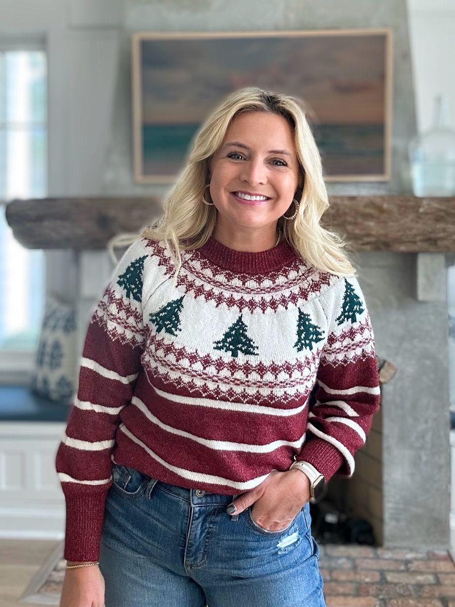 holiday sweater and jeans