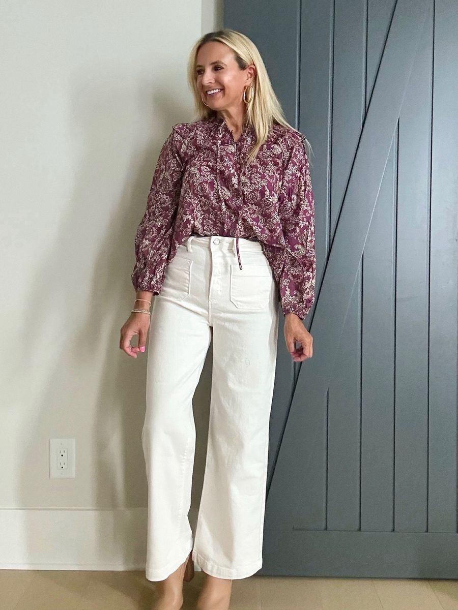 Floral top and white jeans