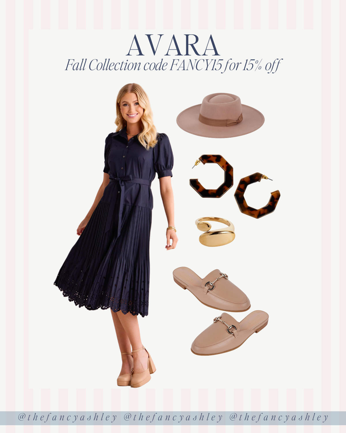 Dress with mules, hat, earrings, and ring. 