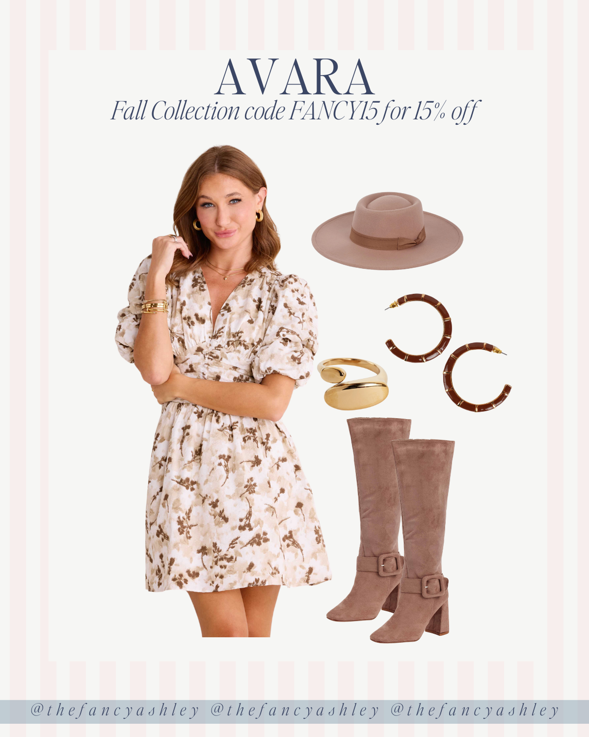 Floral mini dress with hat, boots, earrings, and ring