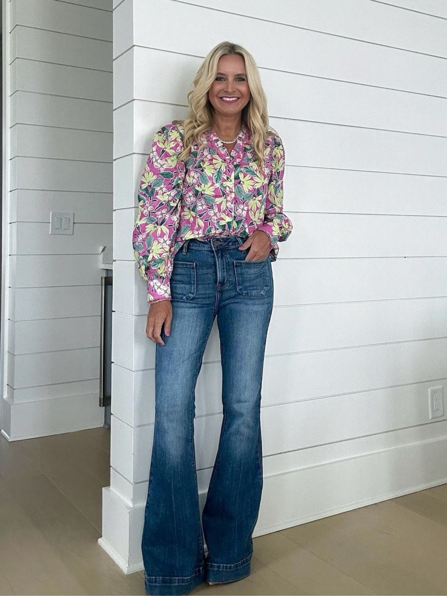 Floral top-medium wash jeans