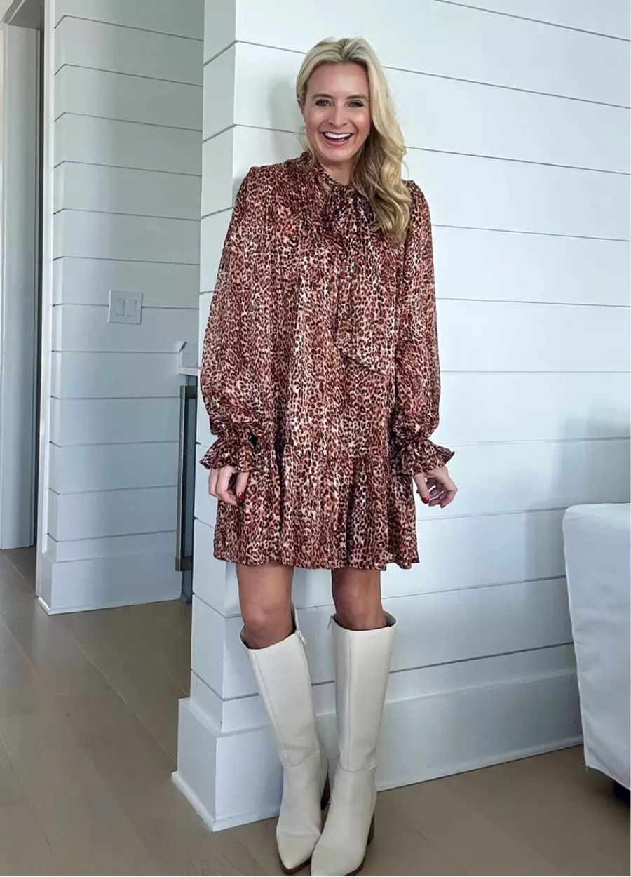 Leopard mini dress with knee-high boots