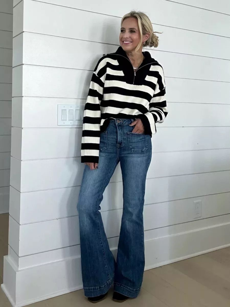 Striped sweater with jeans and boots