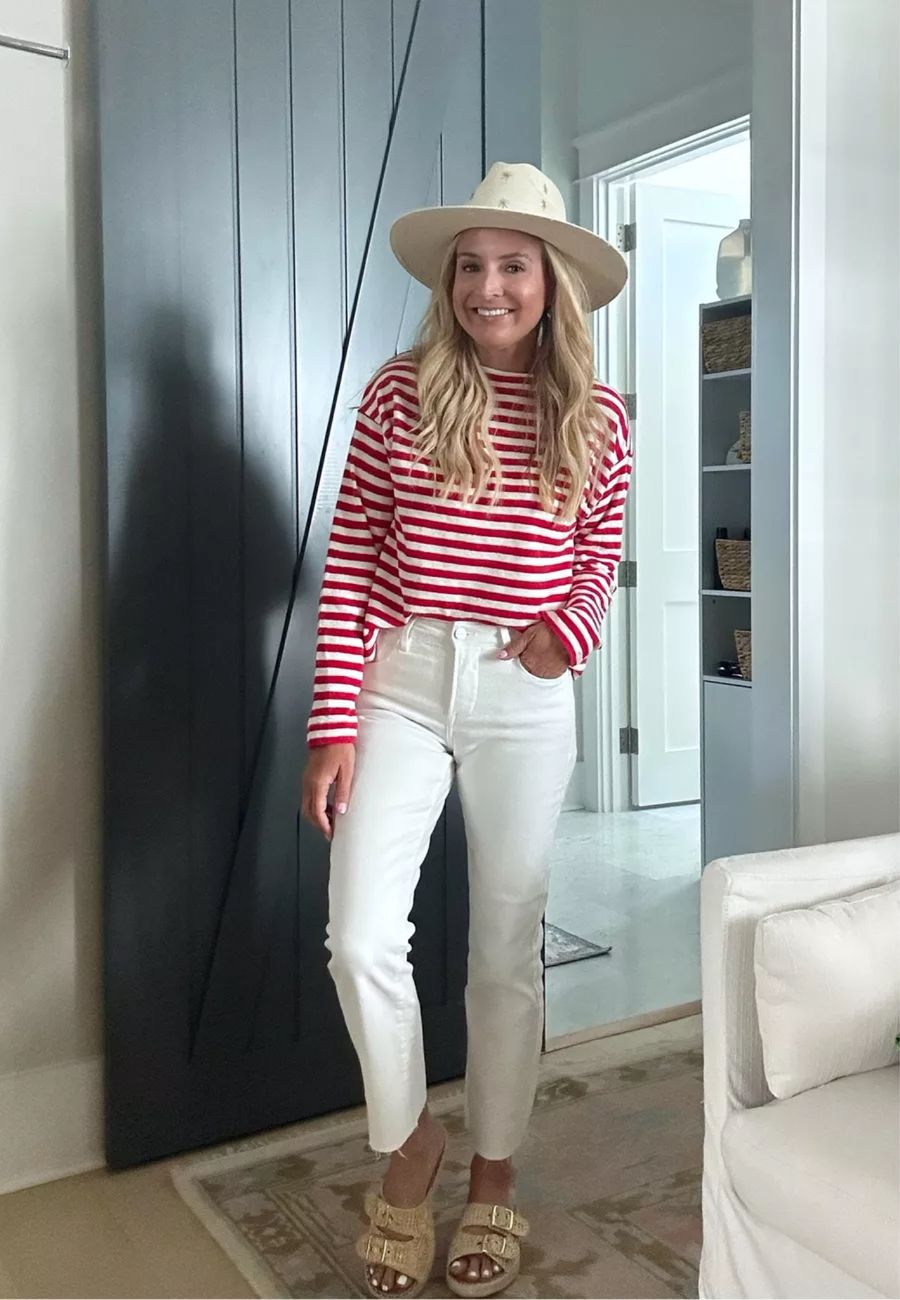 Striped long-sleeve and white jeans